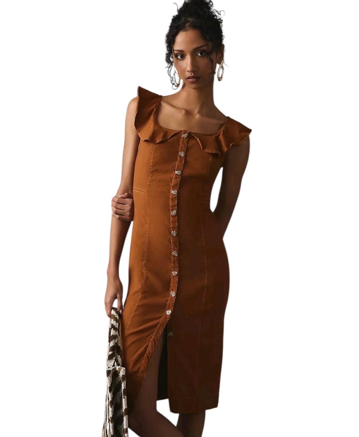 Anthropologie Ruffle Button-Down Midi Dress Rust Brown Linen S Cottagecore Boho