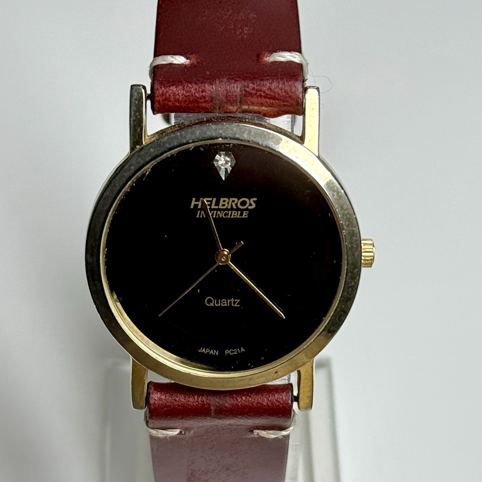 Vintage Helbros Watch Mens Gold Tone Case Black Diamond Dial Red Leather New Bat