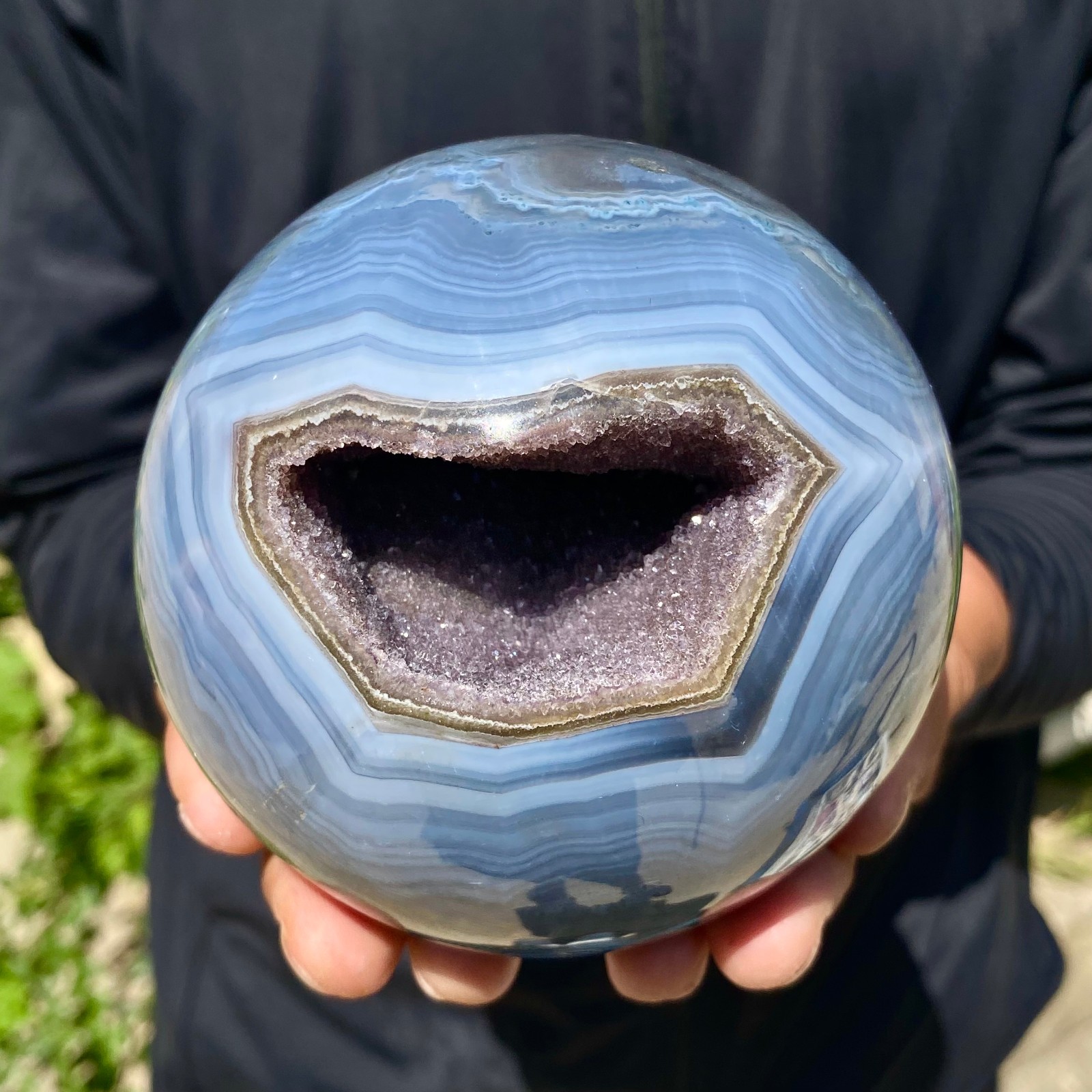 2.68LB Natural Agate Open Smile Sphere Amethyst Geode Healing Wealth Crystal Dec