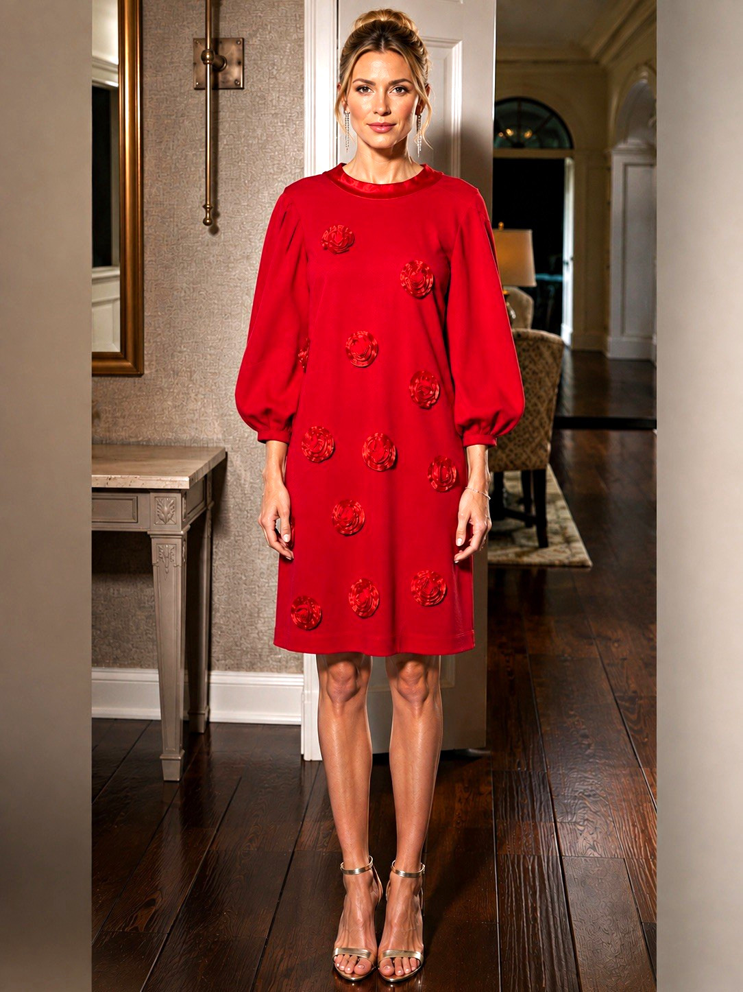 tyler böe Red 3D Floral Crew Neck Balloon Sleeve Shift Knee Length Dress L tyler böe Red 3D Floral Crew Neck Balloon Sleeve Shift Knee Length Dress L