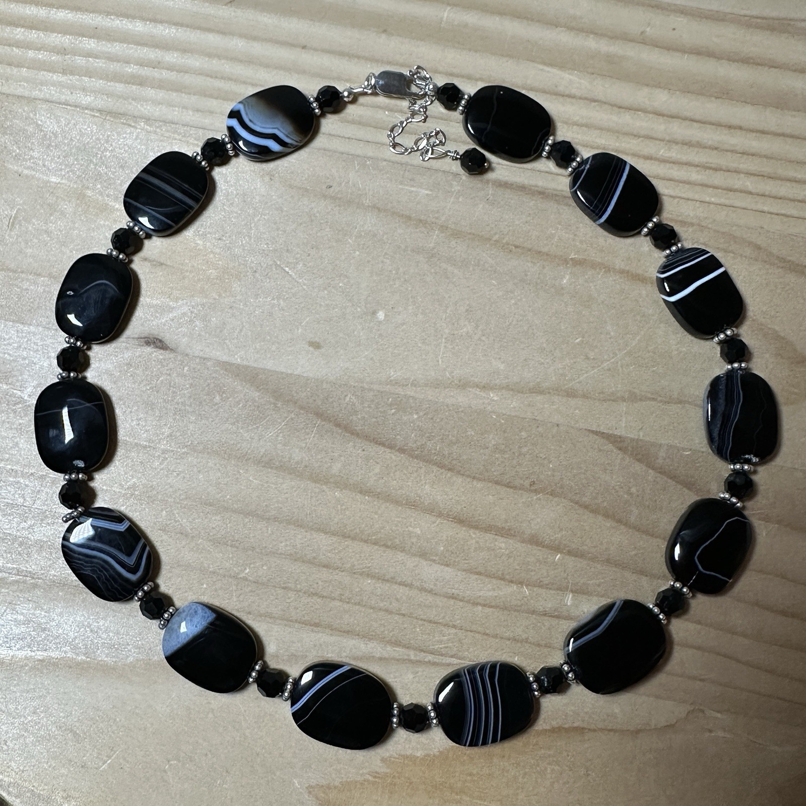 Vintage Artisan Bead Necklace 18 Inch Botswana Black Agate 925 Sterling 51.0g