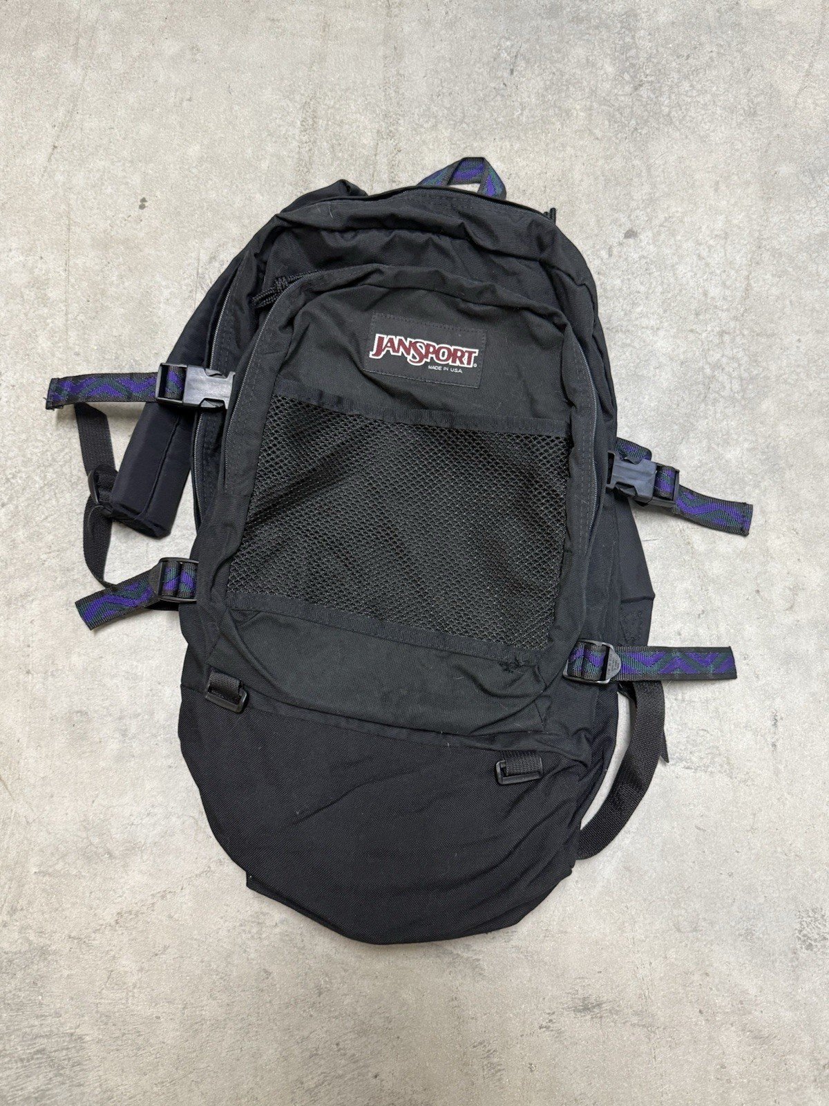 Vintage Jansport 90\'s Black Backpack Hiking Outdoors Southwestern Side Straps 
