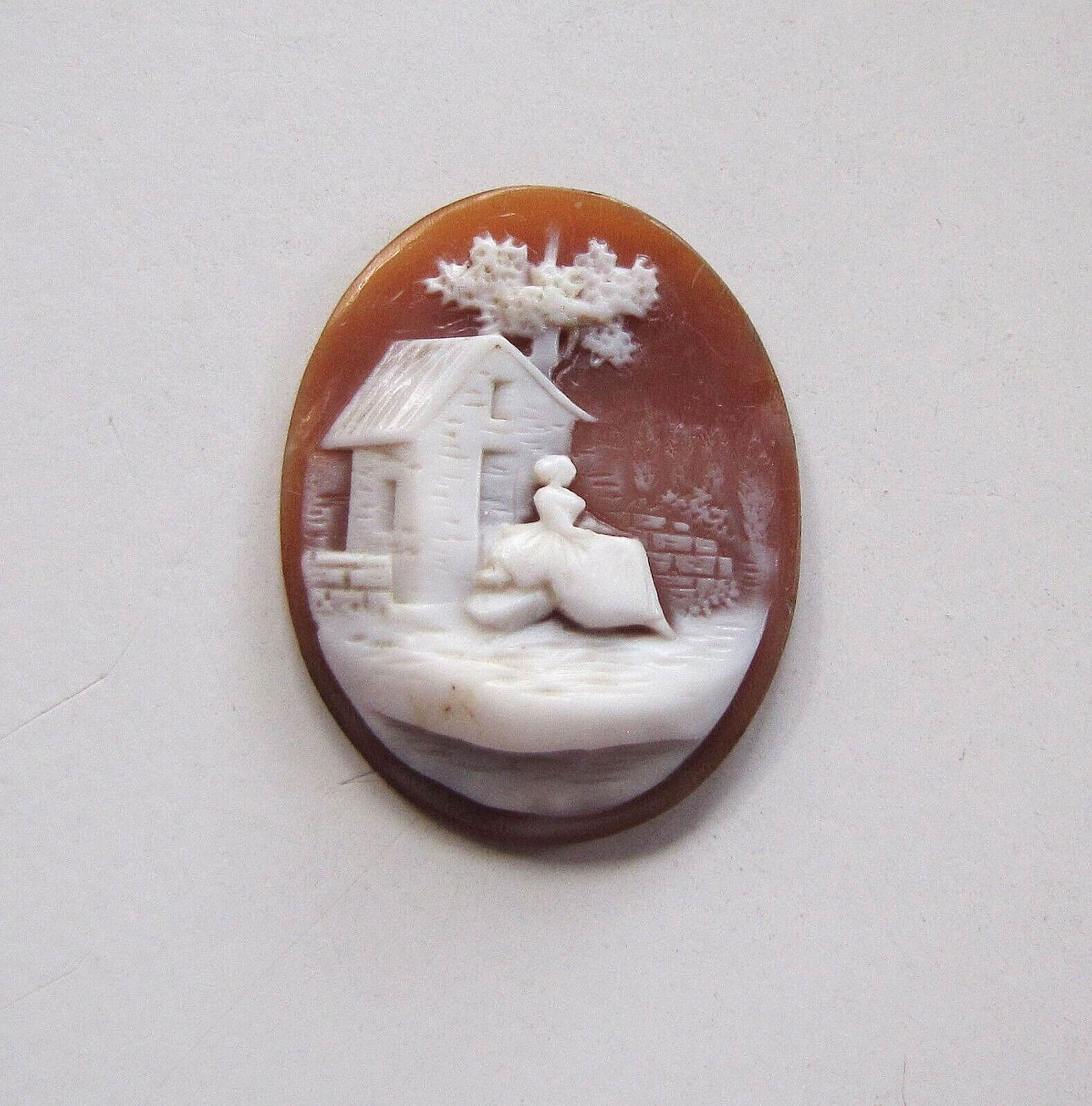 Antq. Un-set Oval Shell Cameo w/ Cabin Scene -- Seated Woman, Trees, Rock Walls