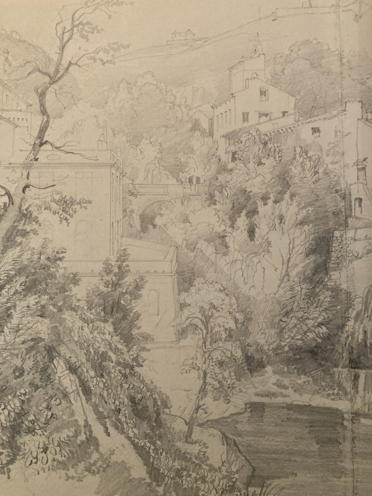 Antique Drawing Amelie Les Bains Landscape 1860 Original French School Drawing Old