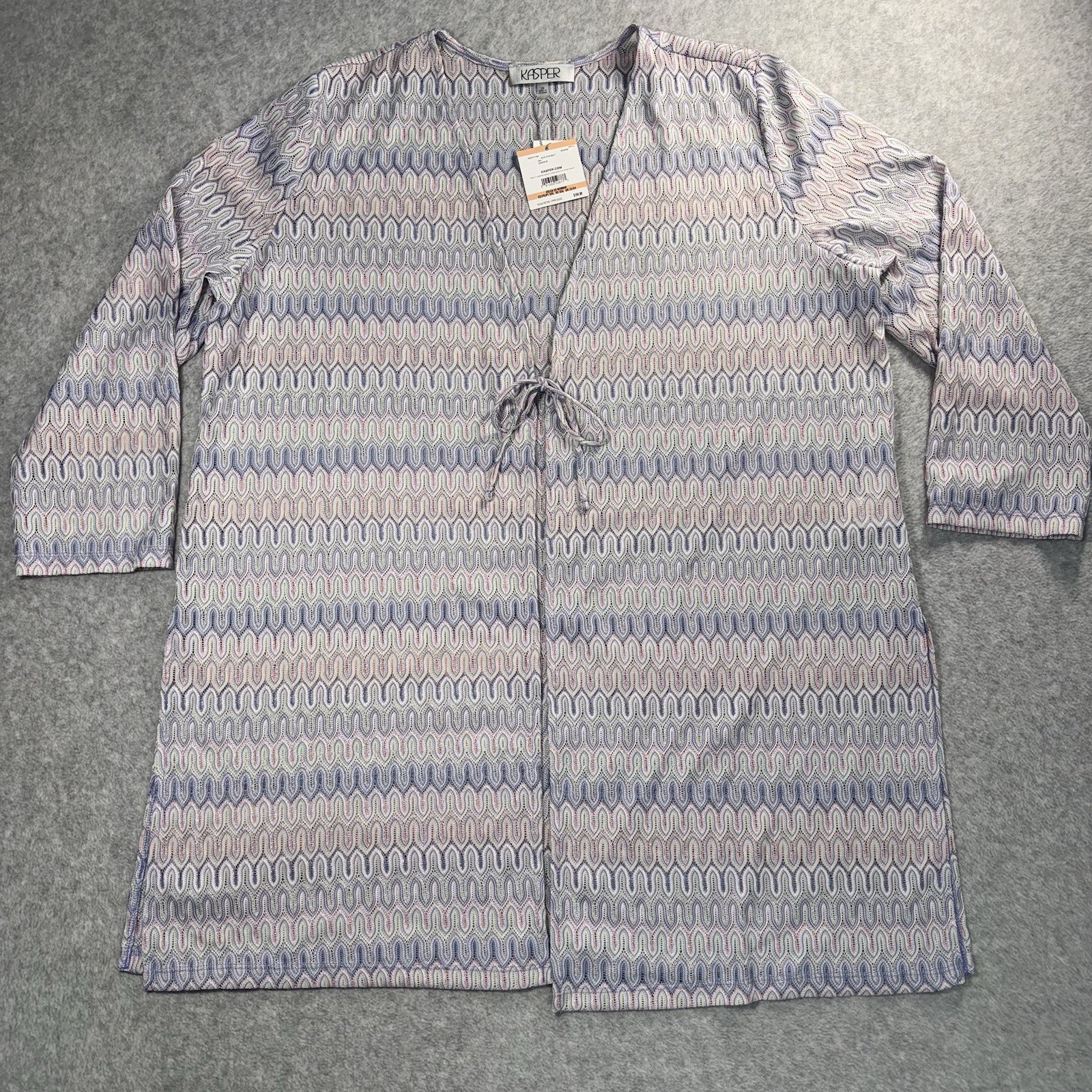 NWT Kasper Womens 2X Chevron Knit Tie Front Cardigan Blue Lotus Multi-color