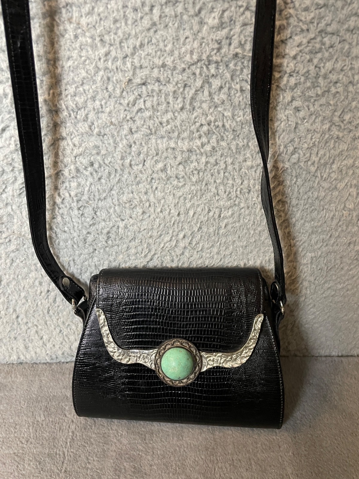 VTG Glenn Miller Ann Turk Black Lizard Embossed Leather Handbag Turquoise Stone VTG Glenn Miller Ann Turk Black Lizard Embossed Leather Handbag Turquoise Stone