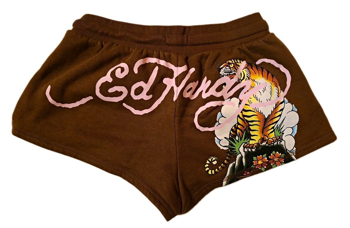 Ed Hardy Brown/Pink Tiger Dragon Tattoo Graphics Rear Spellout Micro Shorts XS