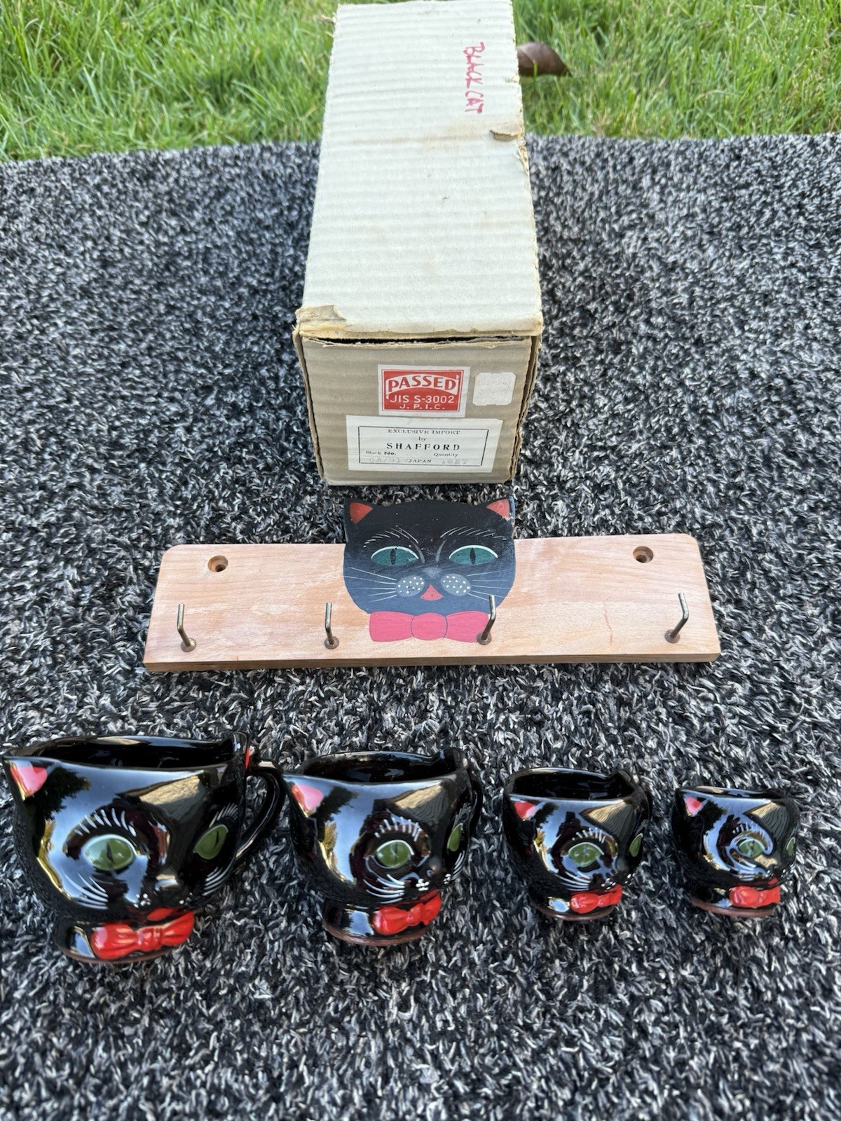 VTG 1950s Shafford Japan Black Cat Redware Measuring Cup Set Complete 6 Piece