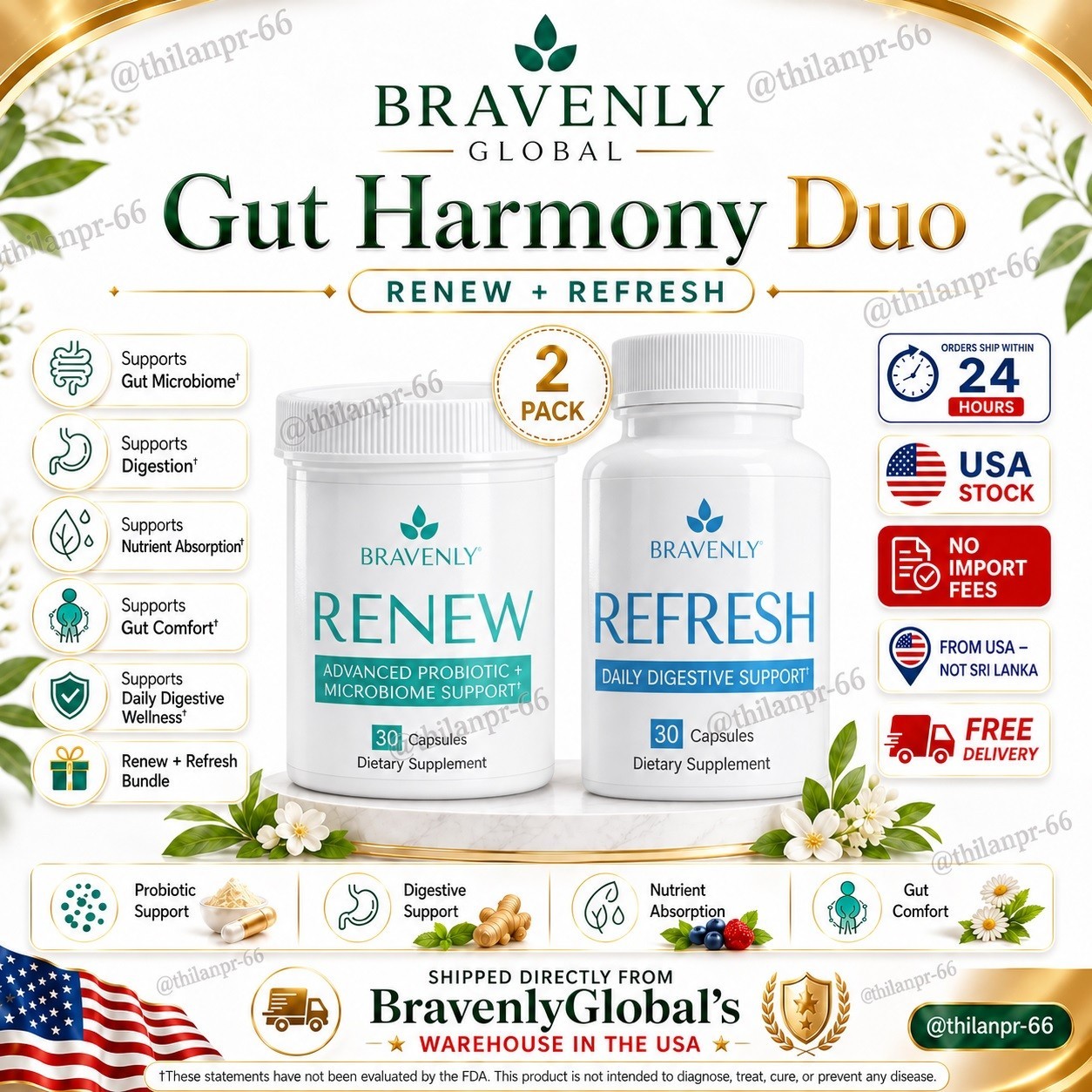 Bravenly Renew + Refresh Gut Harmony Duo Probiotic Digestive Support 30 Capsules