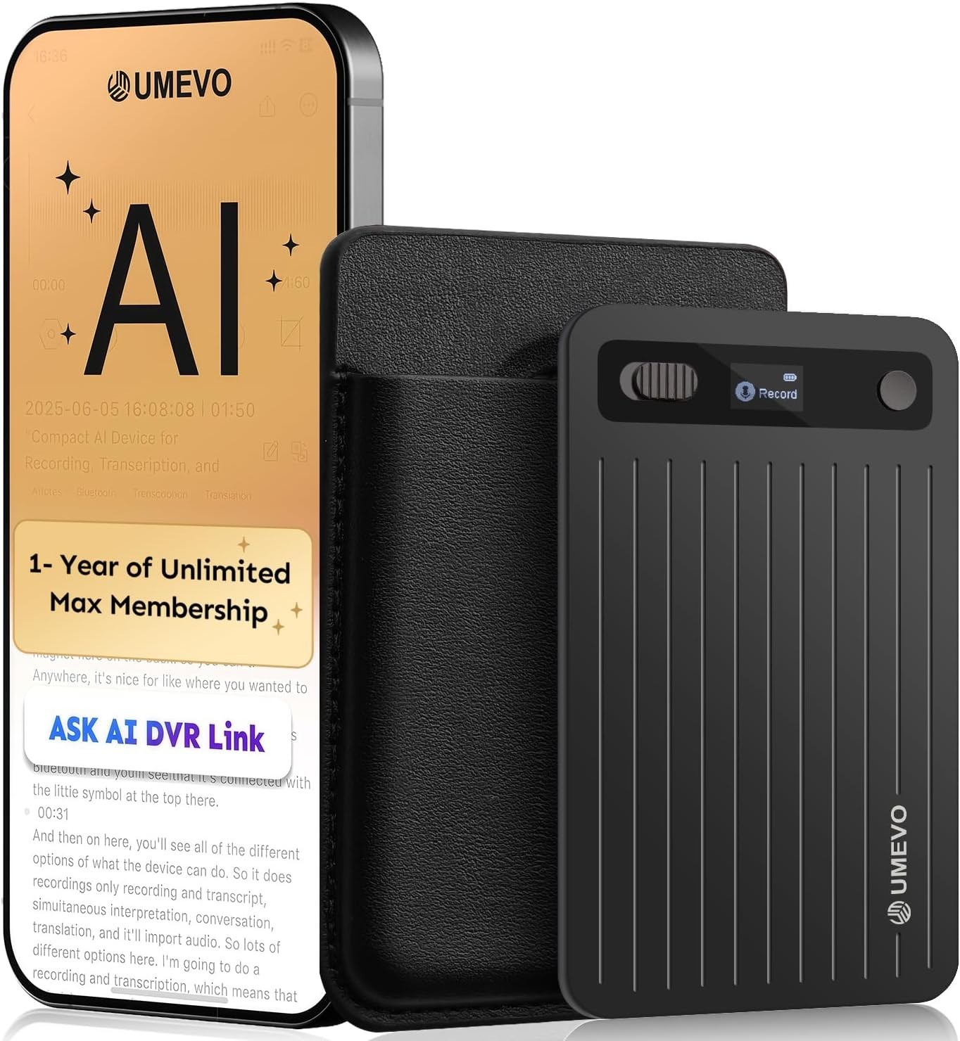 Compact AI Voice Recorder with App, 64GB, AI Transcription & Summaries, Portable