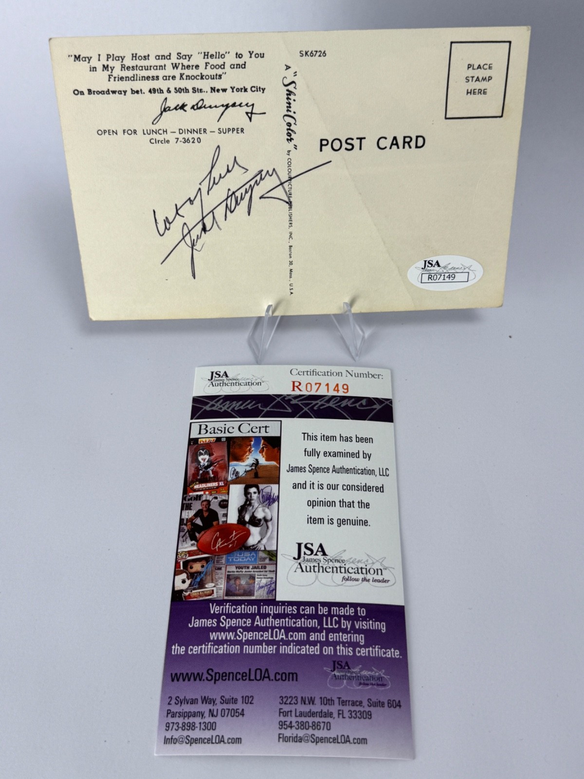 JACK DEMPSEY Autographed Postcard (From Jack\'s Restaurant) / JSA Authenticated
