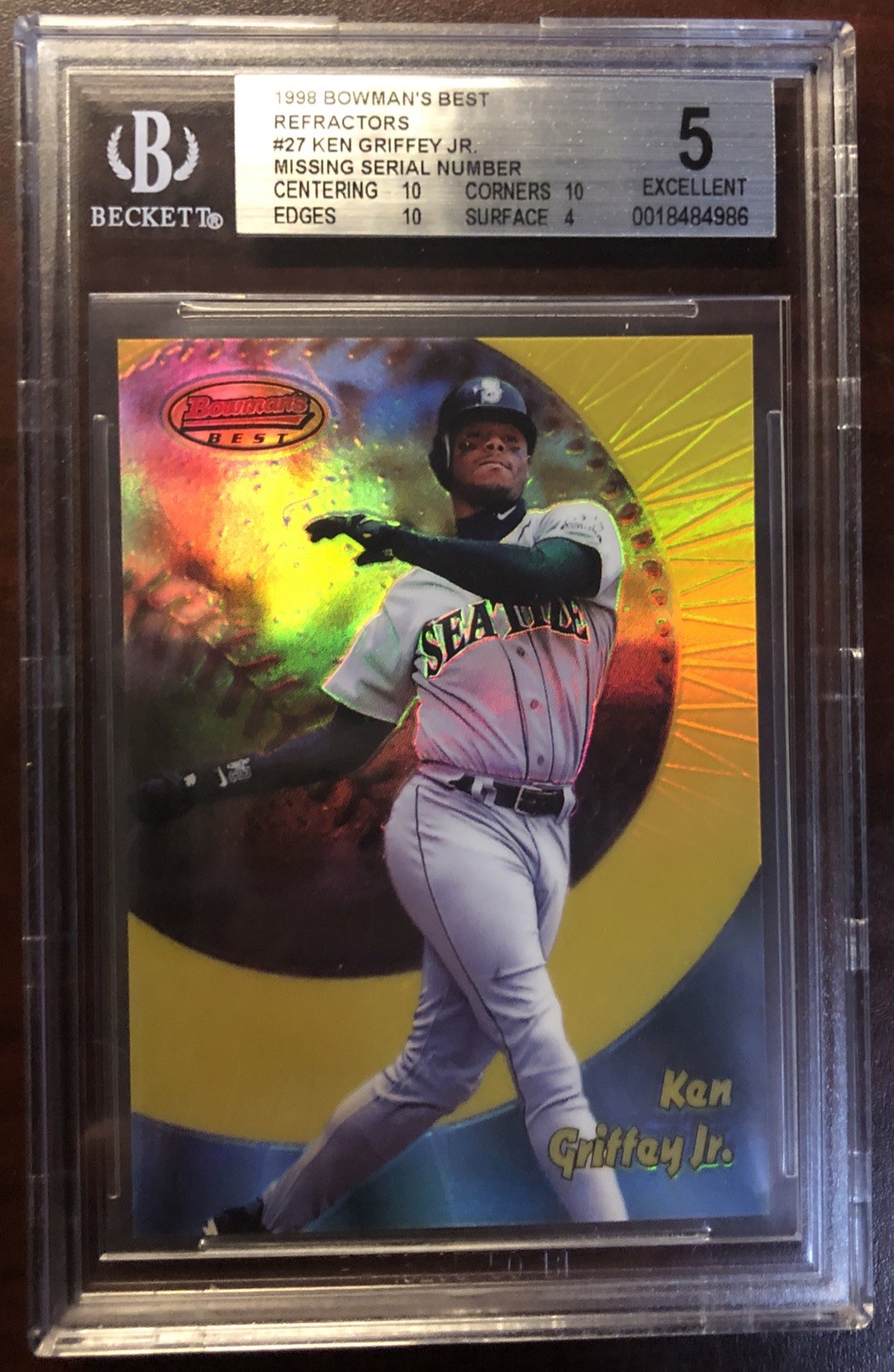 1998 BOWMAN\'S BEST REFRACTOR NO SERIAL #27 KEN GRIFFEY JR BGS POP 1 PRISTINE 10s
