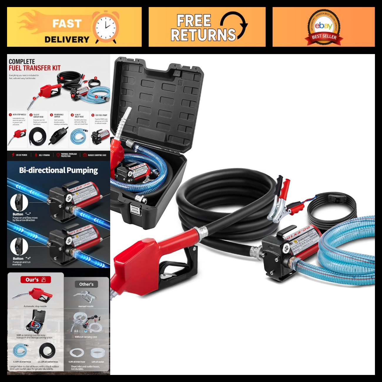 12V Electric Fuel Transfer Pump Kit, 10 GPM Self-Priming Diesel Gasoline Pump, A