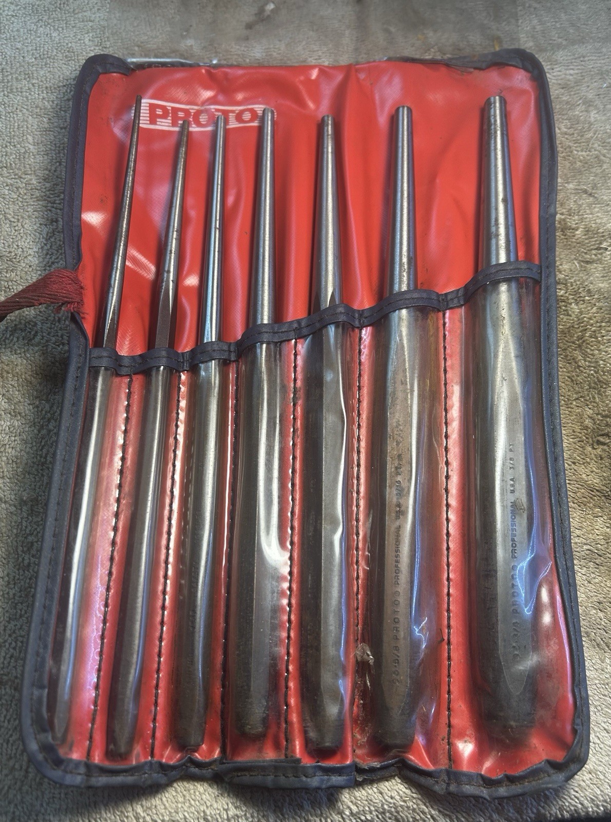Vintage Proto 96A Professional 7 Pc Drift Tapered Punch Set w/Red Roll Pouch USA Vintage Proto 96A Professional 7 Pc Drift Tapered Punch Set w/Red Roll Pouch USA