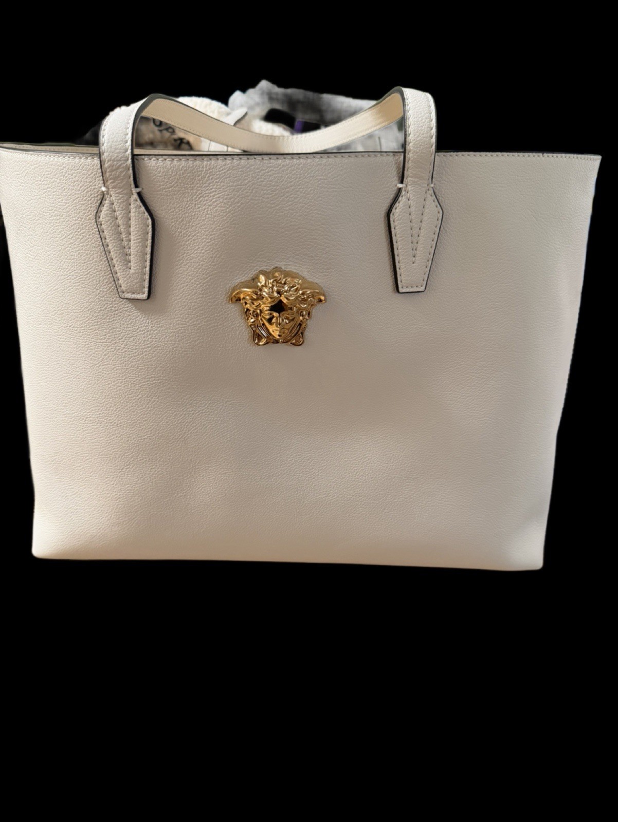 Versace Women’s White Tote Zip Bag w/ Medusa Logo, RFID, Baroque, Gold HW