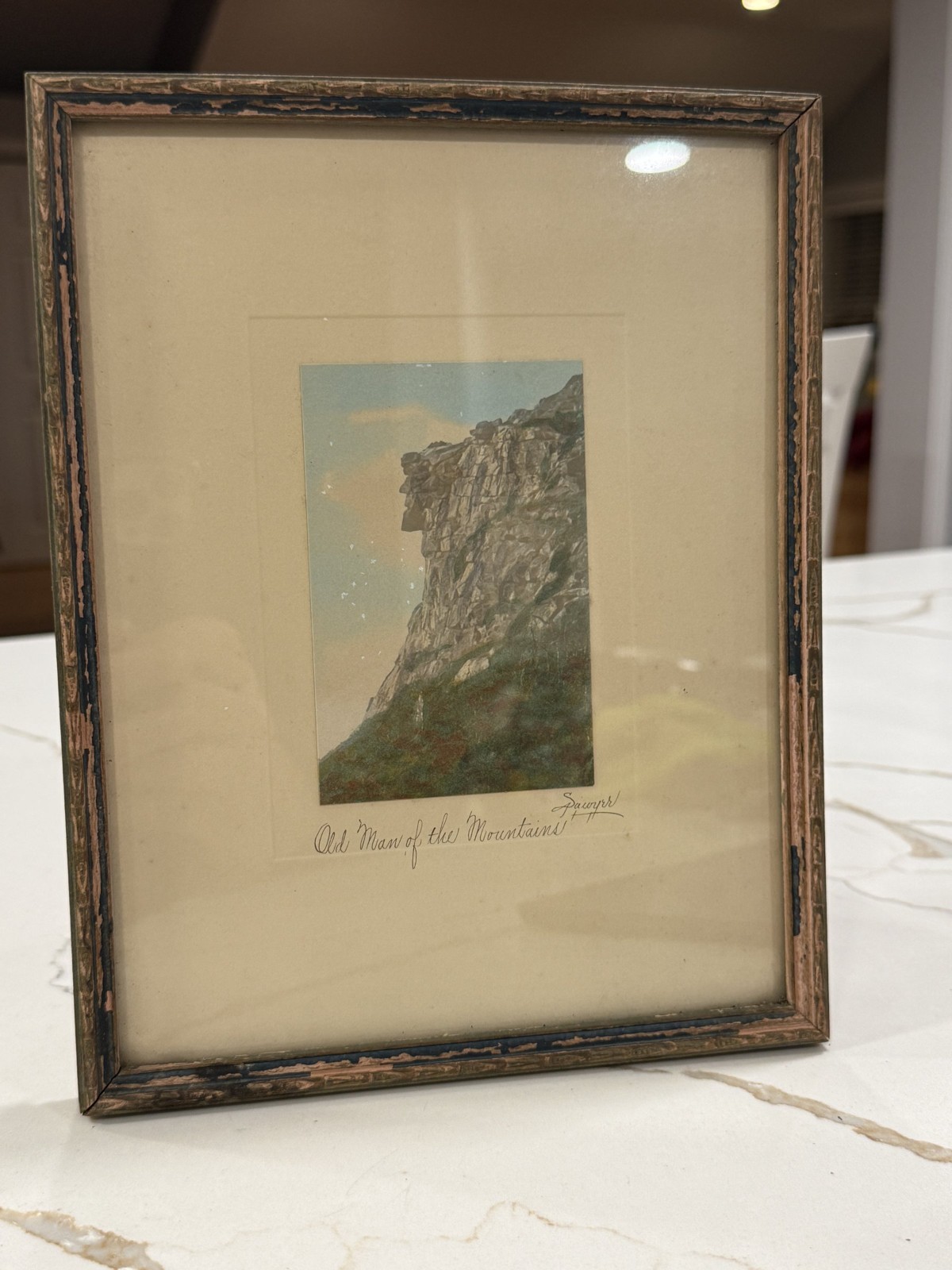 Antique Charles Sawyer Hand Colored Photograph Old Man of the Mountain NH Framed