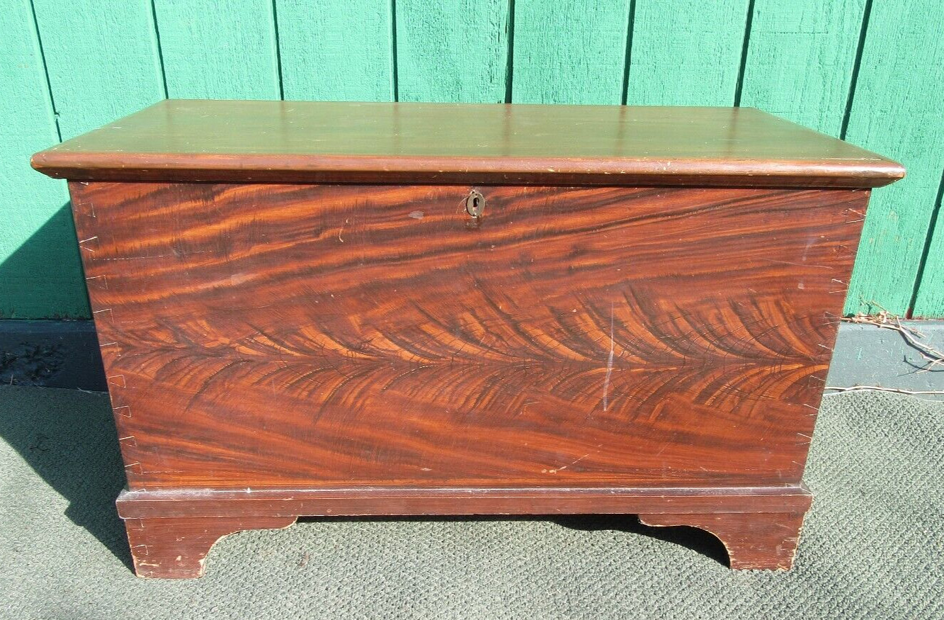 Antique Primitive Pennsylvania Feather Paint Decorated  Blanket Chest Trunk Box