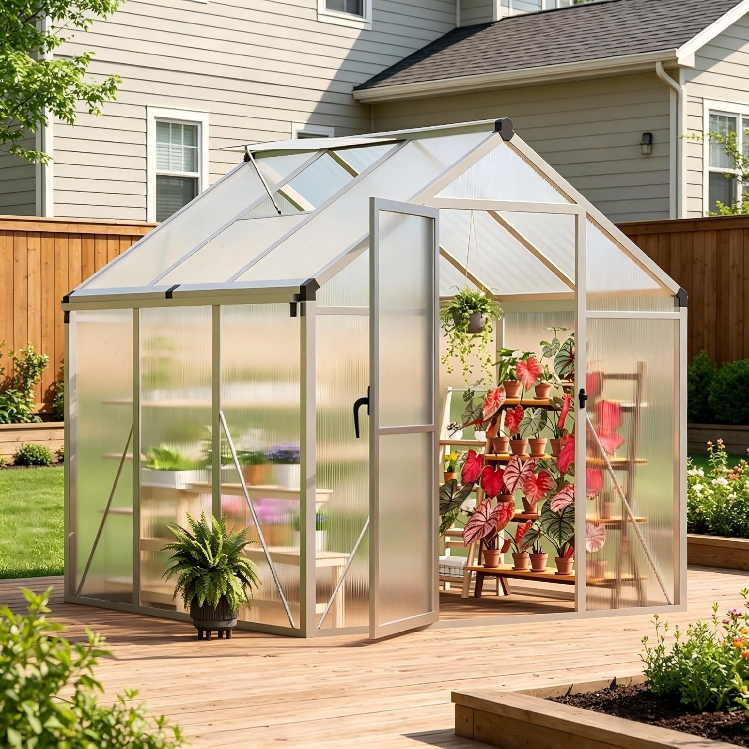 6x6ft Walk-in Greenhouse Metal Frame PC Panel Roof Vent Lockable Plant Gardening