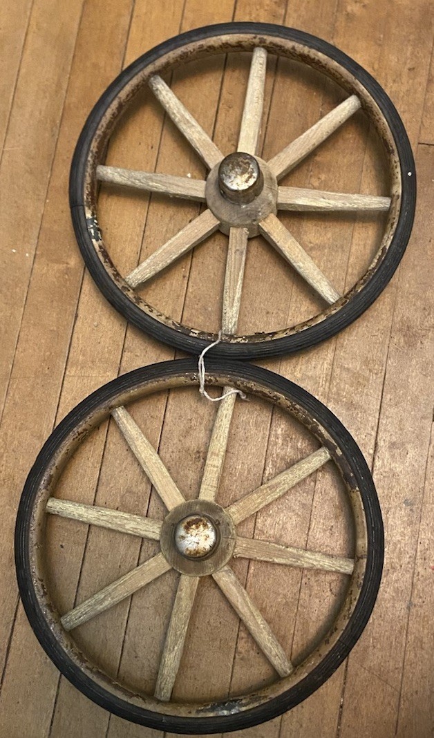 2 Antique Old Wooden Wood Spoke Rubber Wheels Buggy Cart Baby Carriage 10” Pair