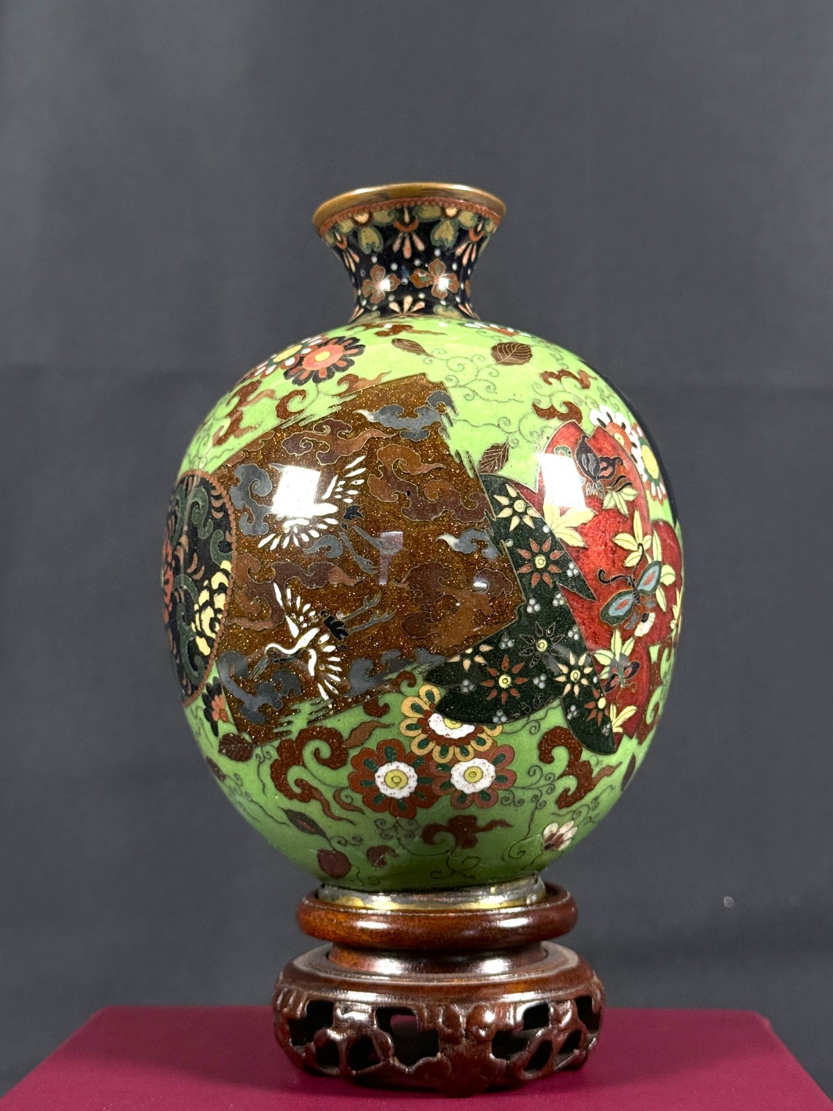 Antique Japanese Meiji Fine Wire Cloisonné Vase Rounded Form 6”