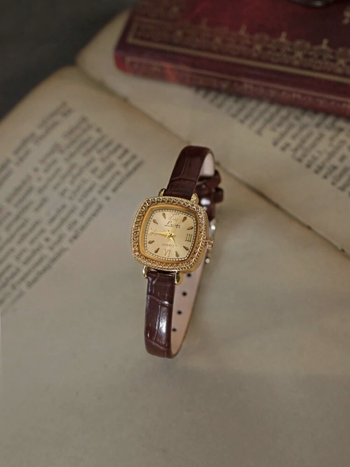 Vintage Unique Dainty Elegant Women's Brown Leather Strap Gold Square Watch