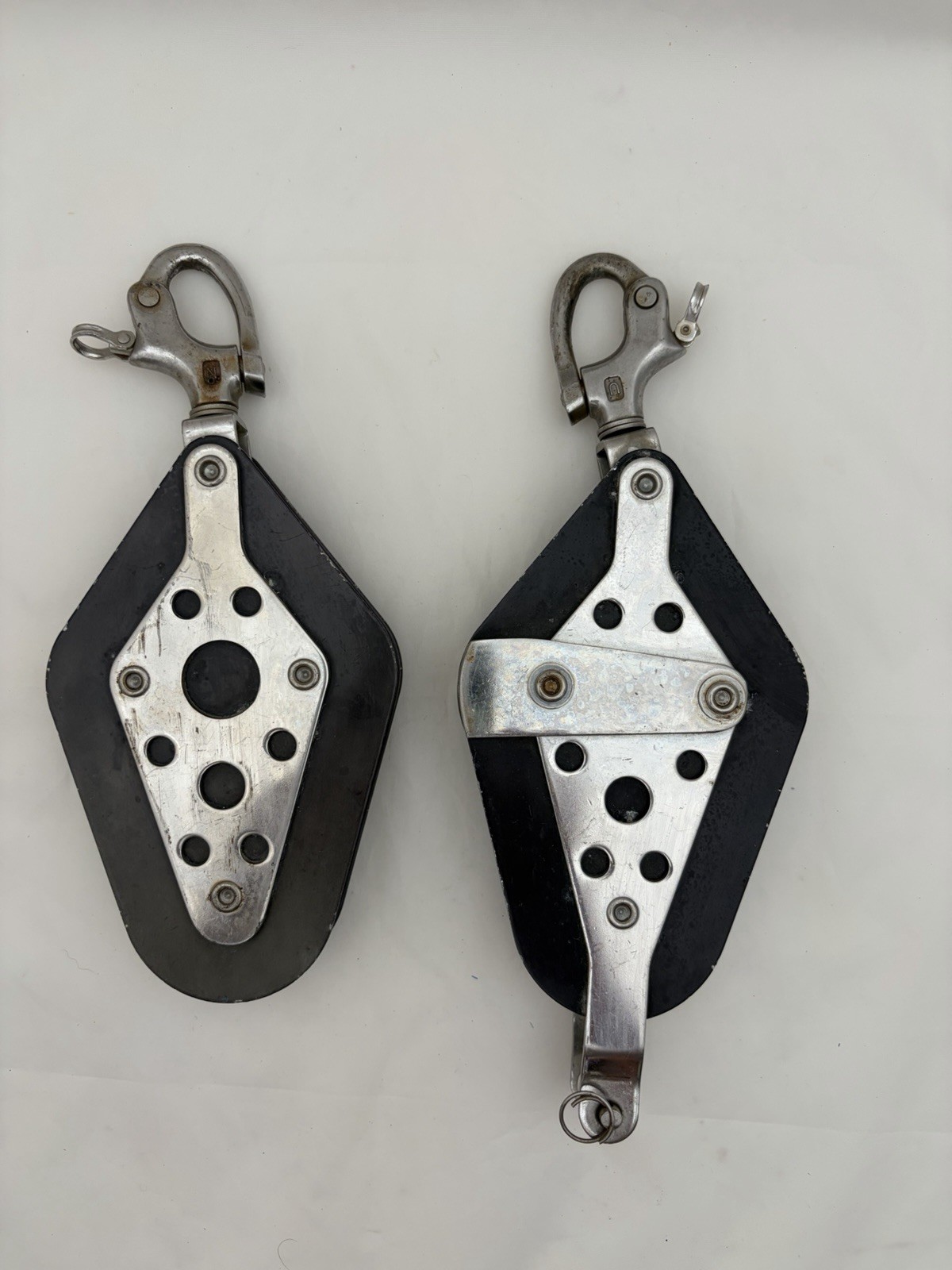 Vintage Nicro-Fico Fiddle Block Pair w/ Snap Shackles & Becket Sailboat Rigging Vintage Nicro-Fico Fiddle Block Pair w/ Snap Shackles & Becket Sailboat Rigging