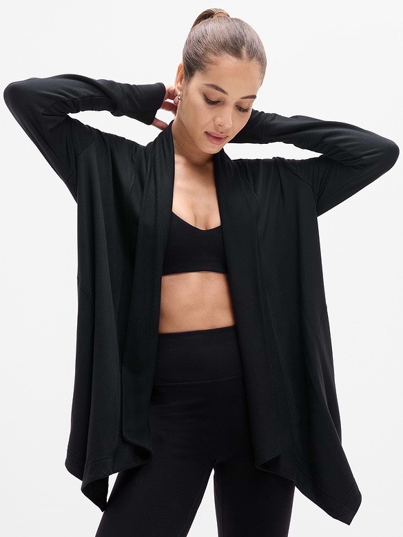 Athleta $89 Pranayama Restore Rib Wrap Open Front Cardigan Black Size XS New
