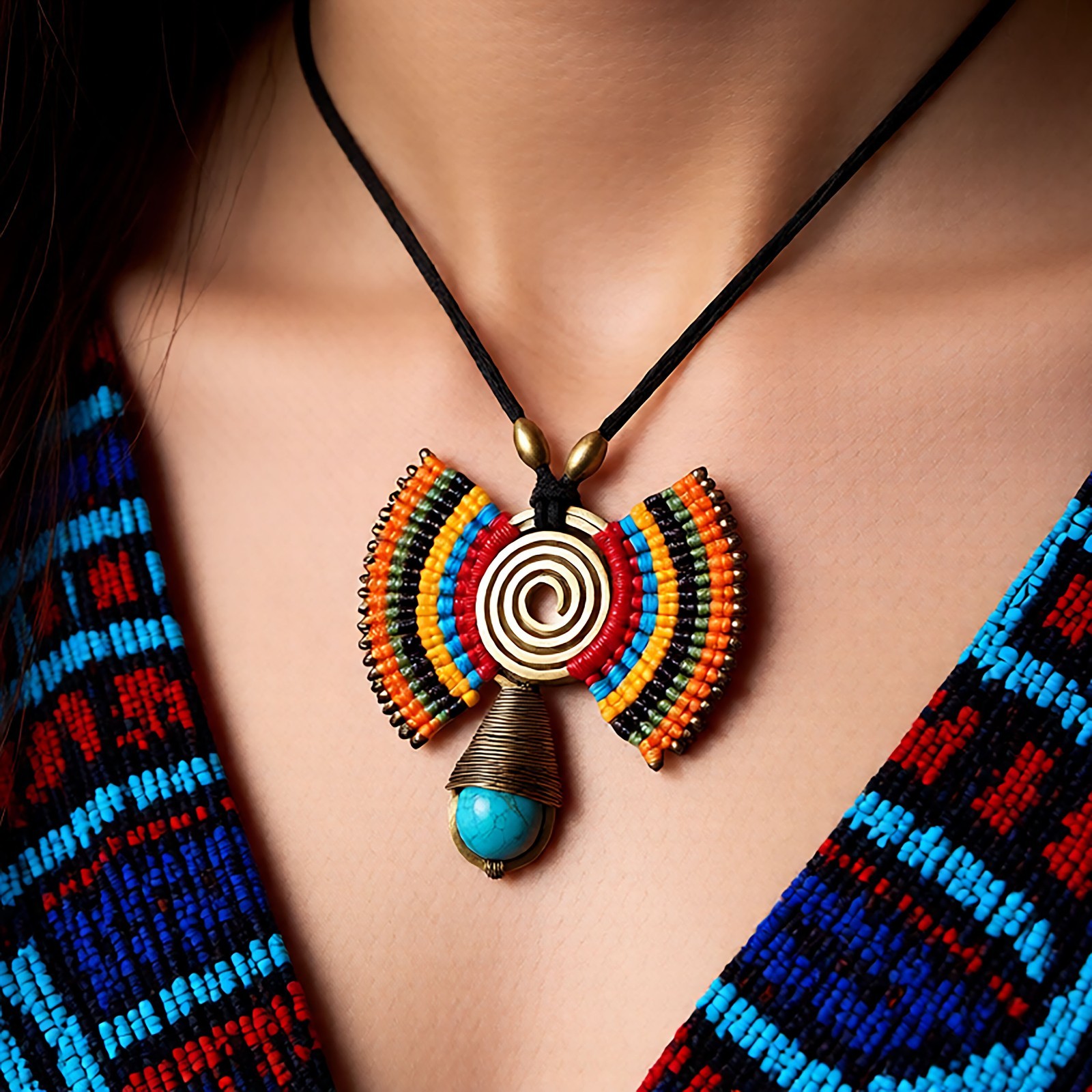 Boho Micro Macrame Statement Necklace Brass Spiral Turquoise Pendant Tribal Art