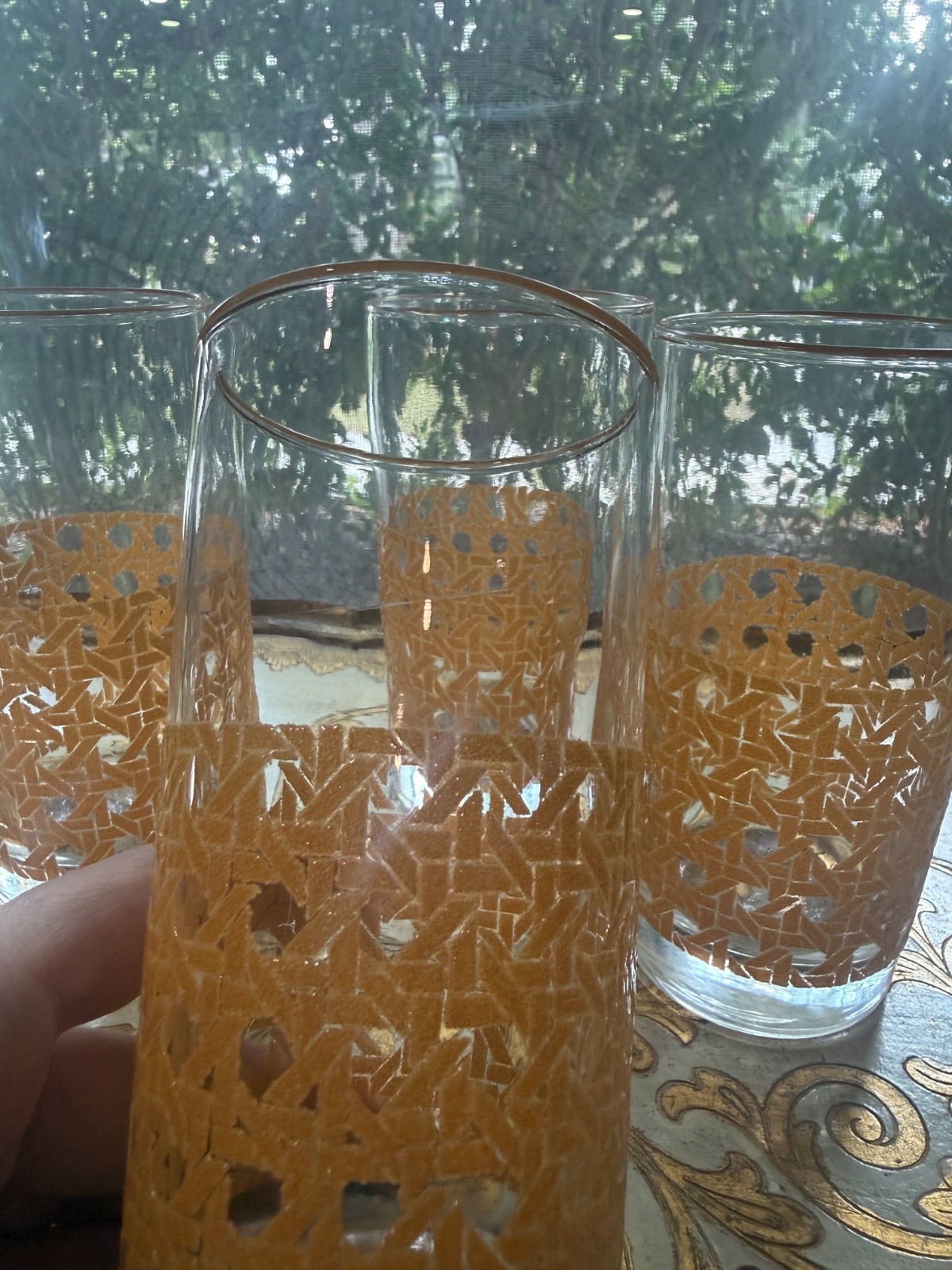 Vintage Libbey Atomic Amber Orange Geometric Highball Glasses Set of 4 MCM