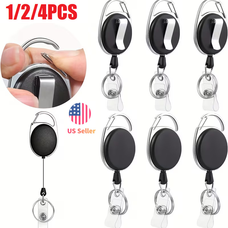 1/2/4x Heavy Duty Split Retractable Key Tool Reel Holder Steel Clip Chain Belt