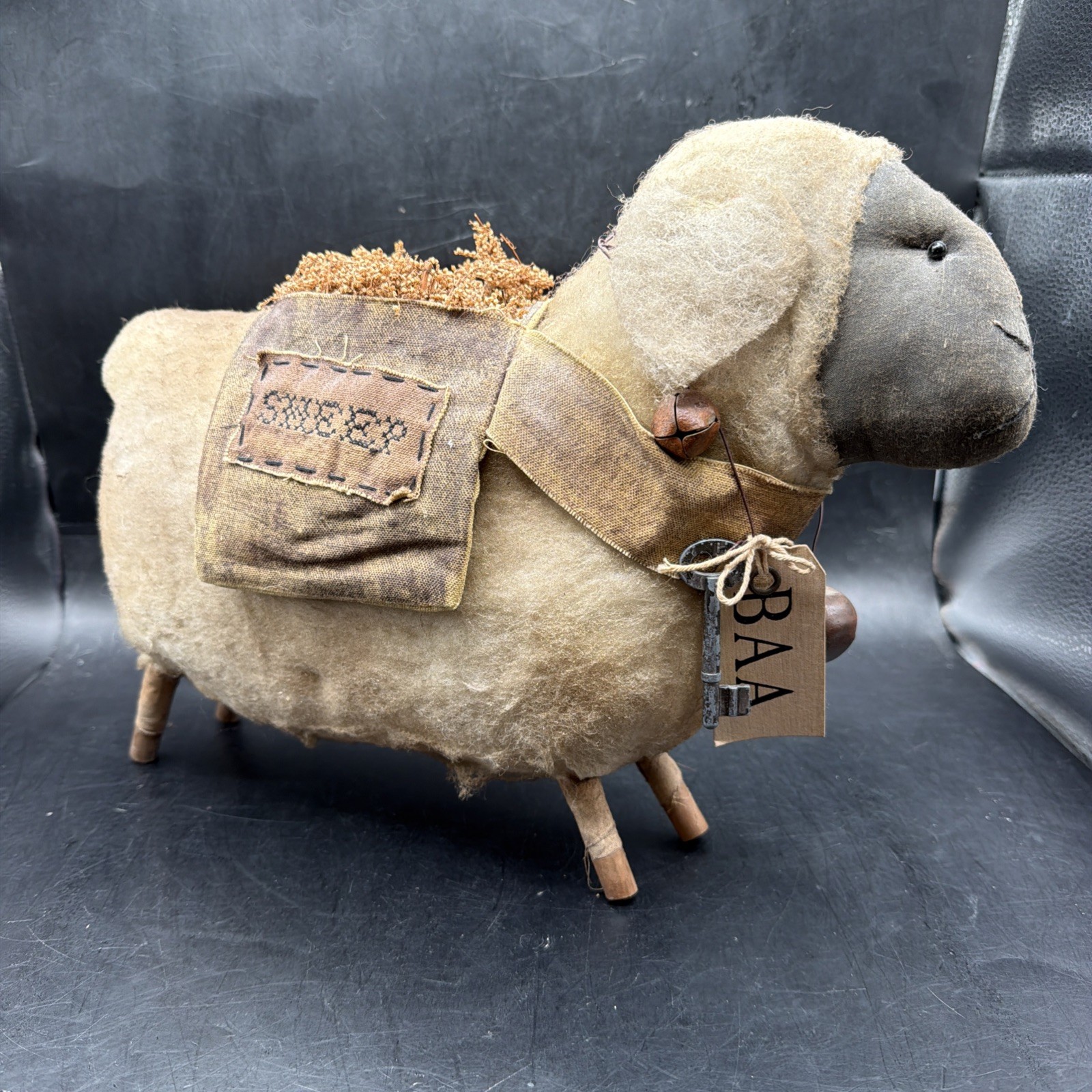 Vintage Folk Art Reproduction Farm Primitive Cotton Spun Sheep Wooden Legs