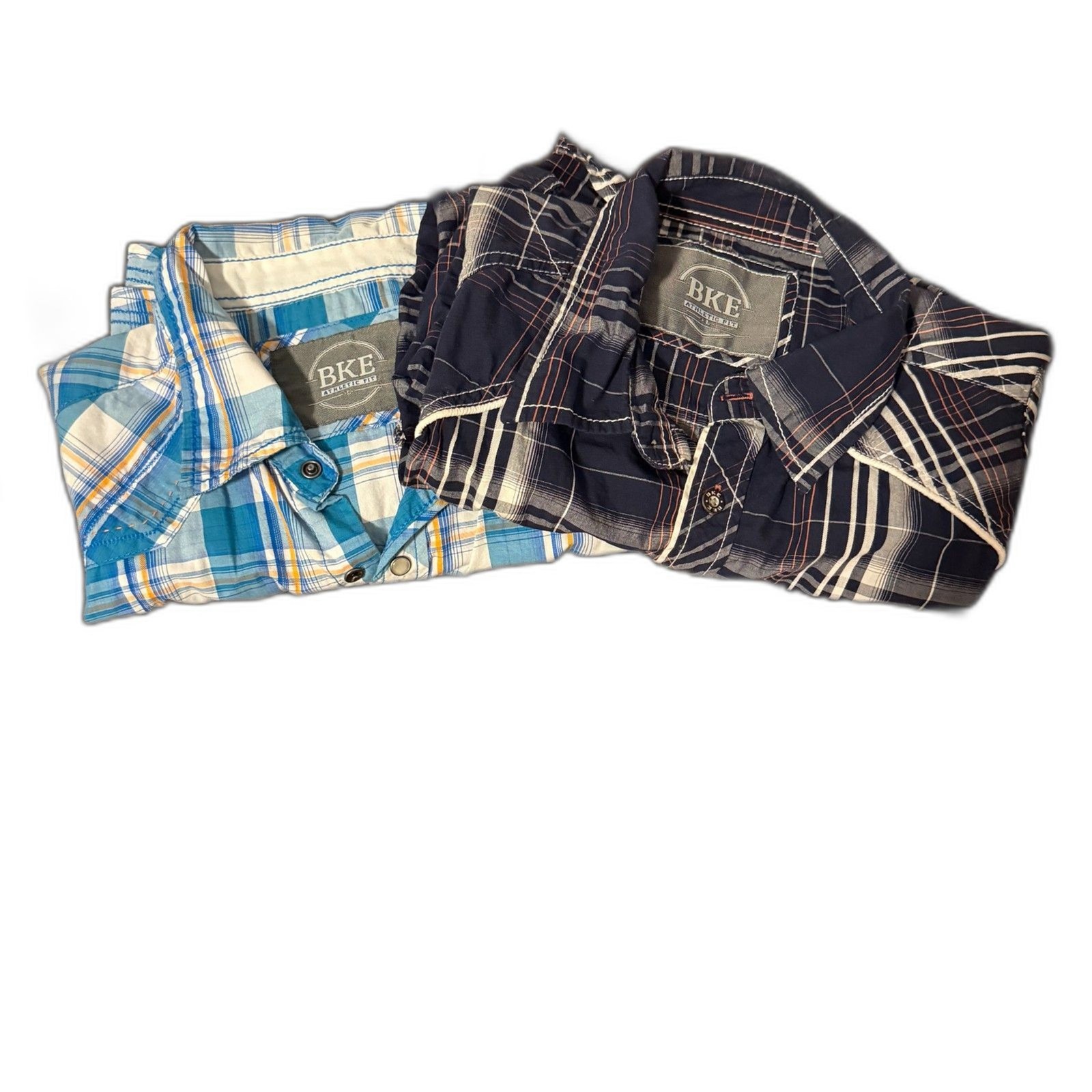 BKE Men Plaid Western Shirt Blue White Short Sleeve Pearl Snap Size Large