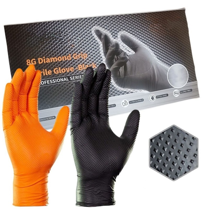 Black/Orange Nitrile Disposable Gloves 8 Mil Raised Diamond Texture | Fast Ship