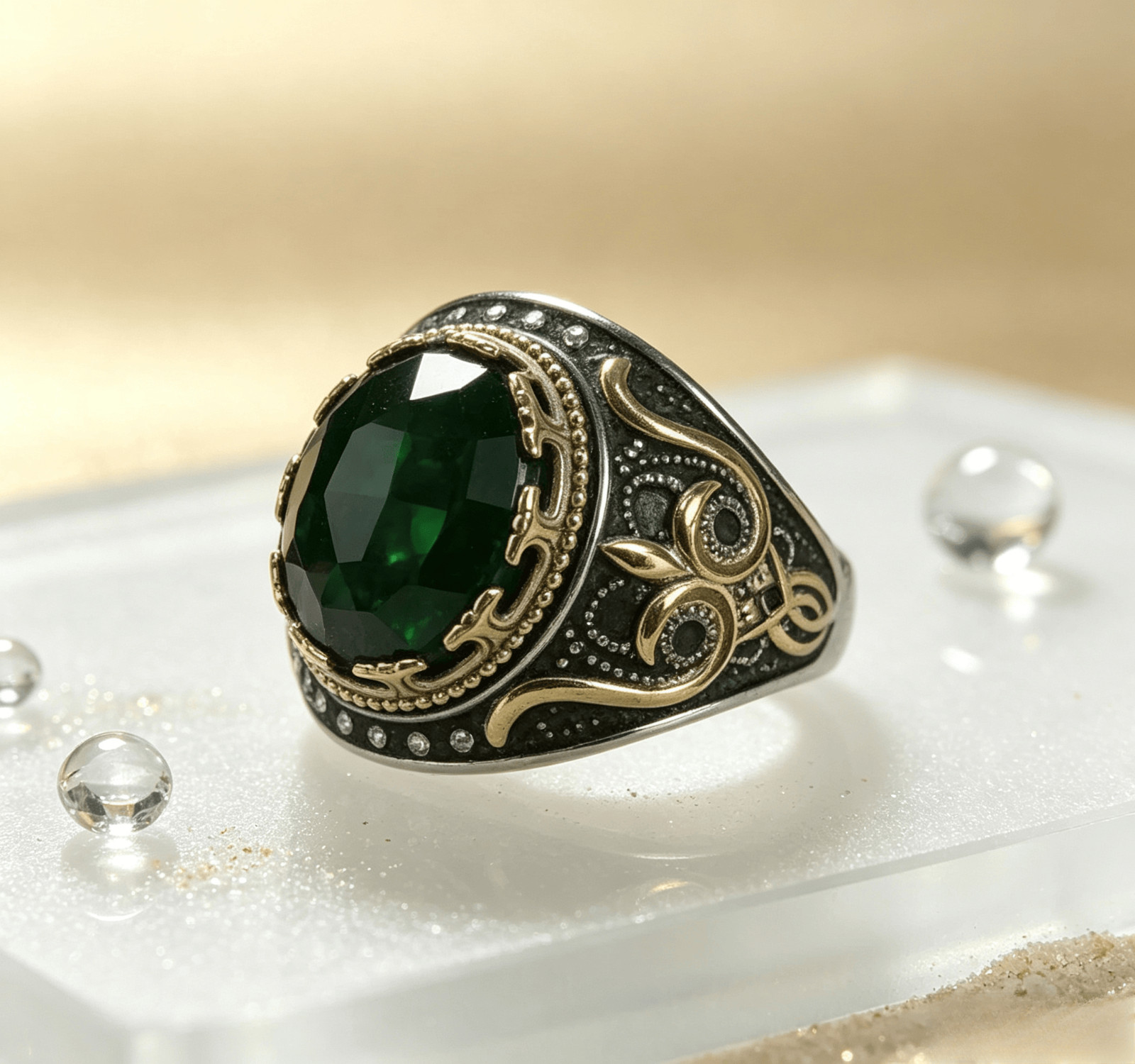 Men Stainless Steel Ring Oval Green Crystal Vintage Two Tone Gothic