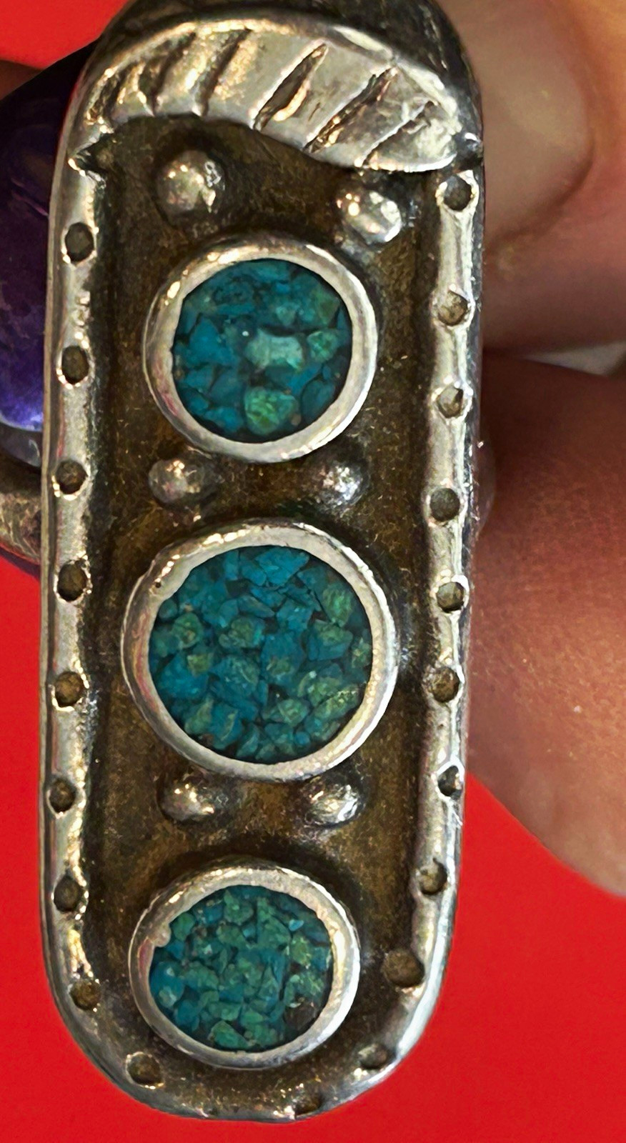 Vintage Silver Oval Band Ring, 3 Round Blue Turquoise Bezel Set mosiacs Signed