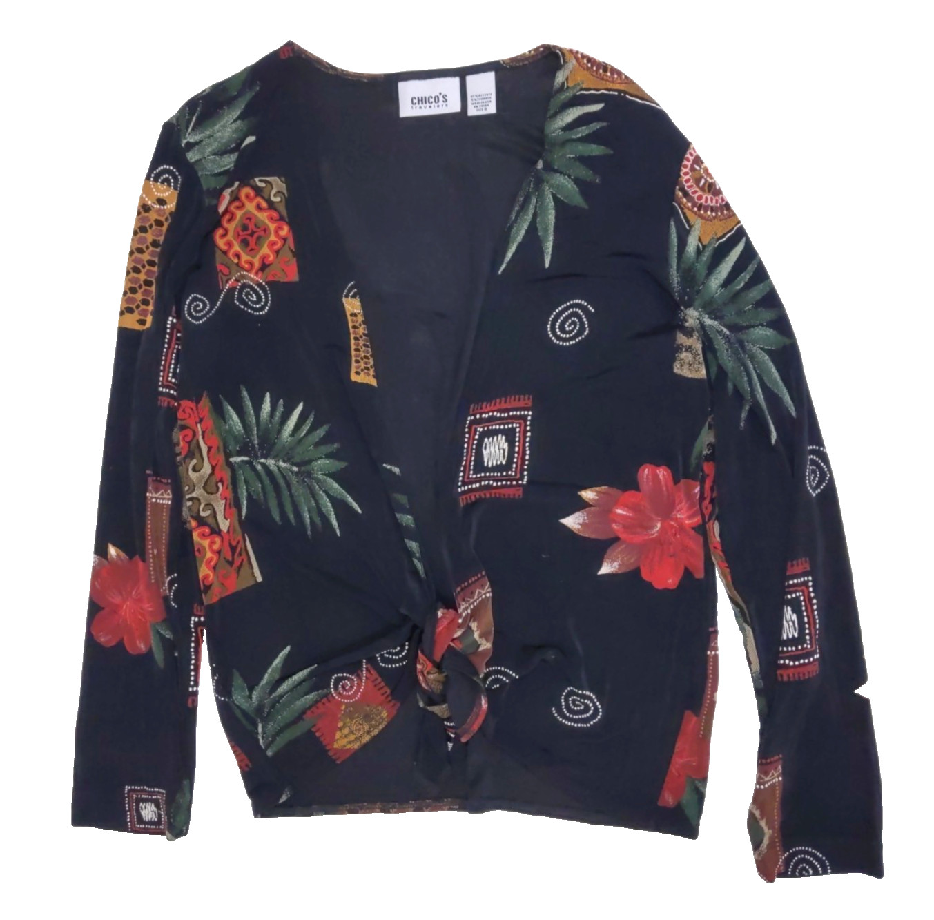 VTG Chico\'s Travelers TIE FRONT JACKET TOP Black/Multi FLORAL-ABSTRACT sz L/2 VTG Chico\'s Travelers TIE FRONT JACKET TOP Black/Multi FLORAL-ABSTRACT sz L/2