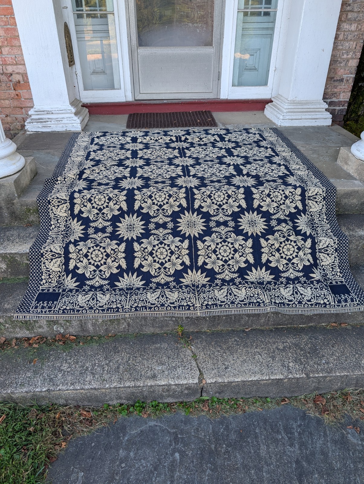 Fabulous Antique 1837 Jacquard Coverlet Cortland NY Signed Impson Strong Blue Fabulous Antique 1837 Jacquard Coverlet Cortland NY Signed Impson Strong Blue