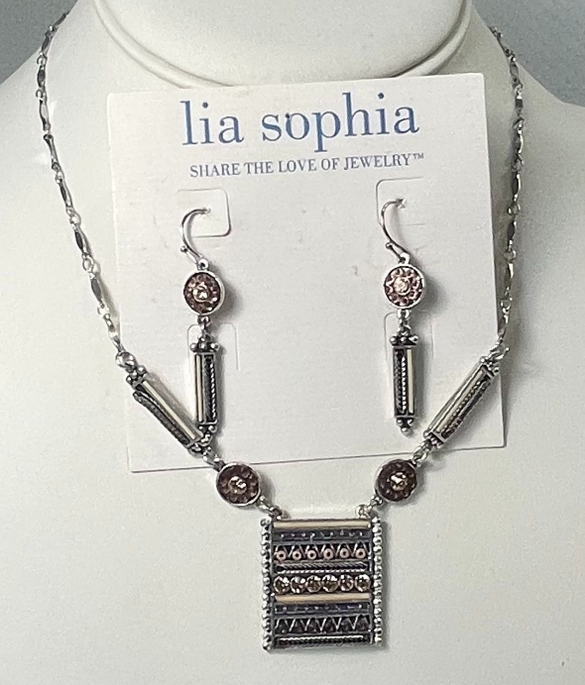 Lia Sophia Elemental Necklace Earrings Set Geometric Crystal Silver Tone Pink
