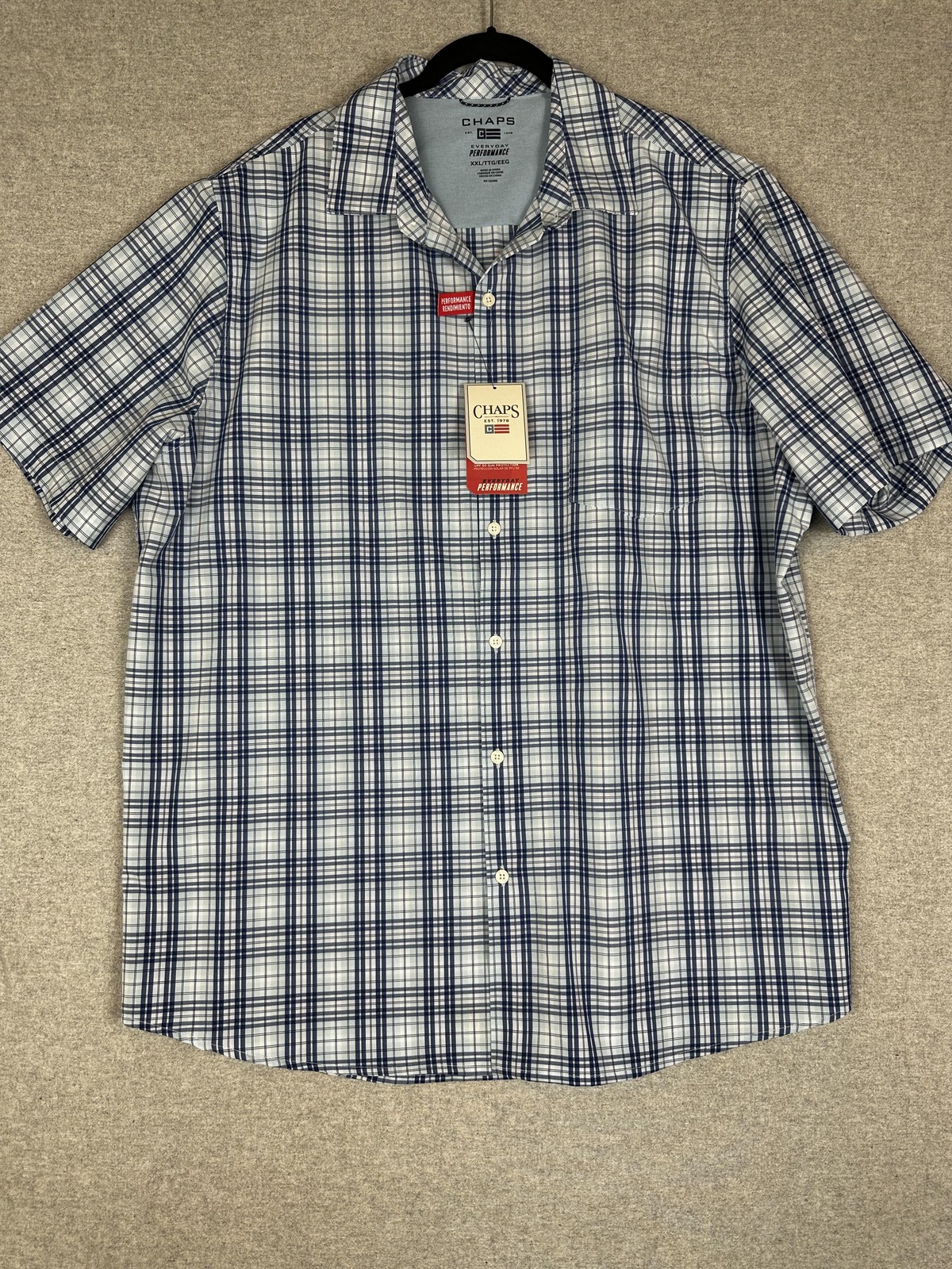 Chaps Everyday Performance Shirt Mens 2XL Blue Plaid Short Sleeve Stretch UPF