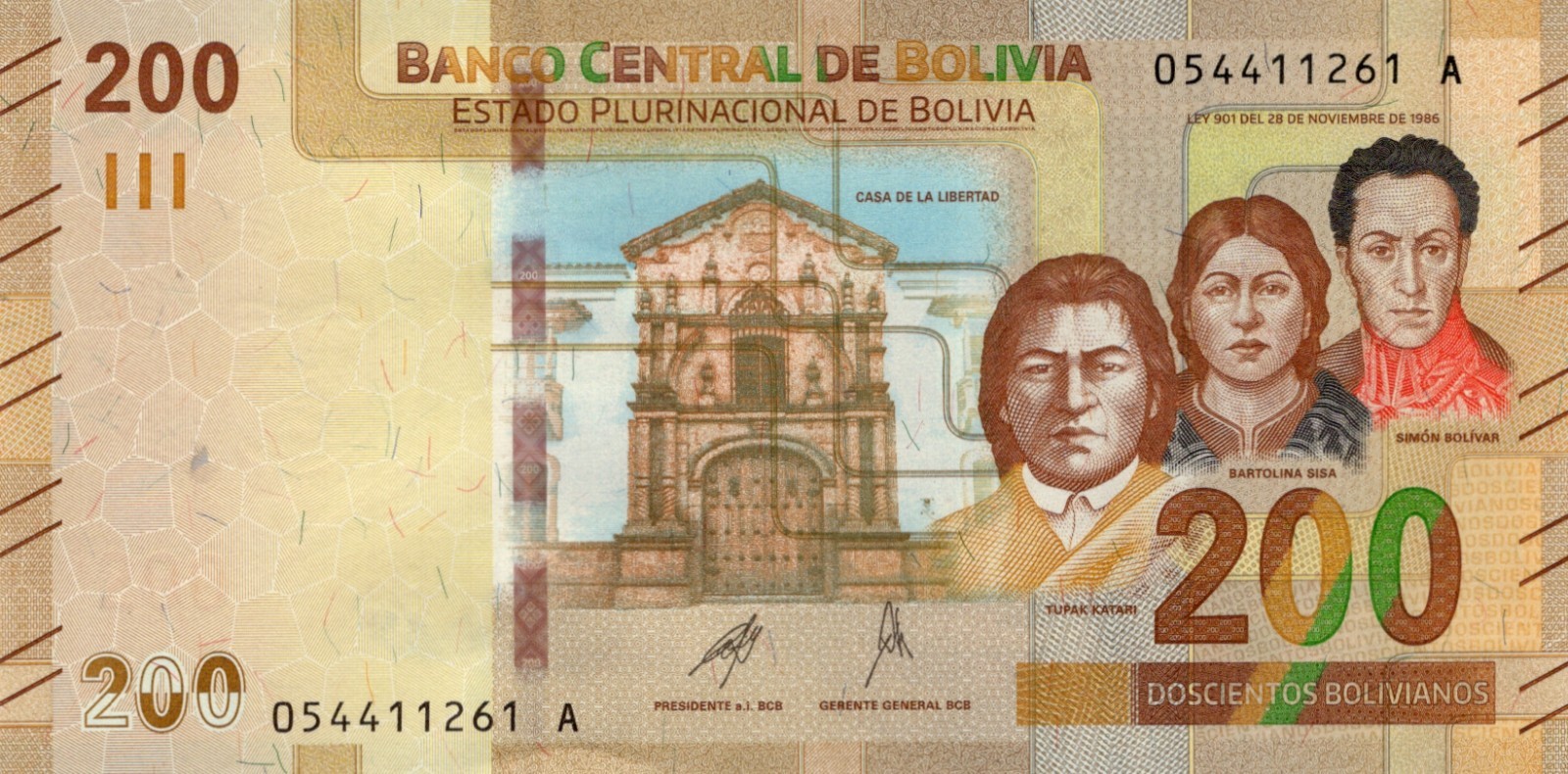 Bolivia 200 BOLIVIANOS 2018 P 252. UNC CONDITION. 6RW 30JUN