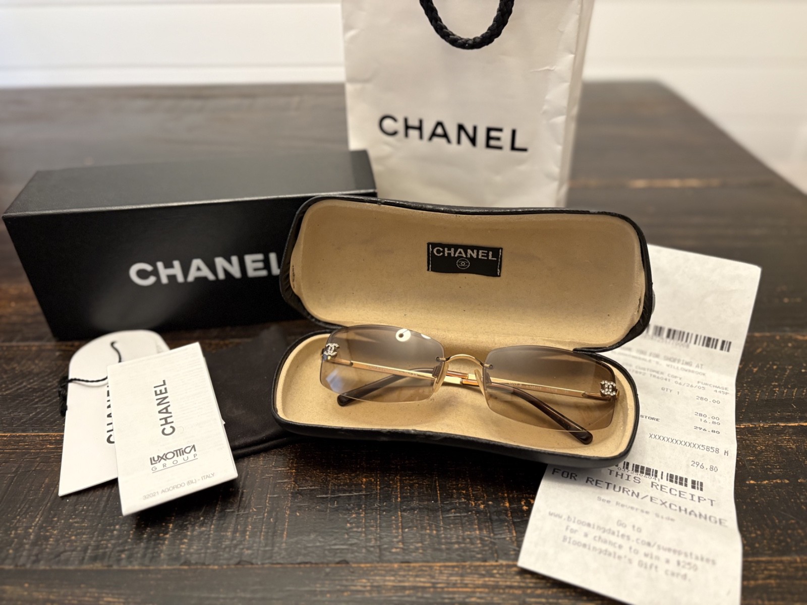 Vintage CHANEL Rimless Sunglasses 4093-B Brown Gold Rhinestone CC Logo 56-16-130