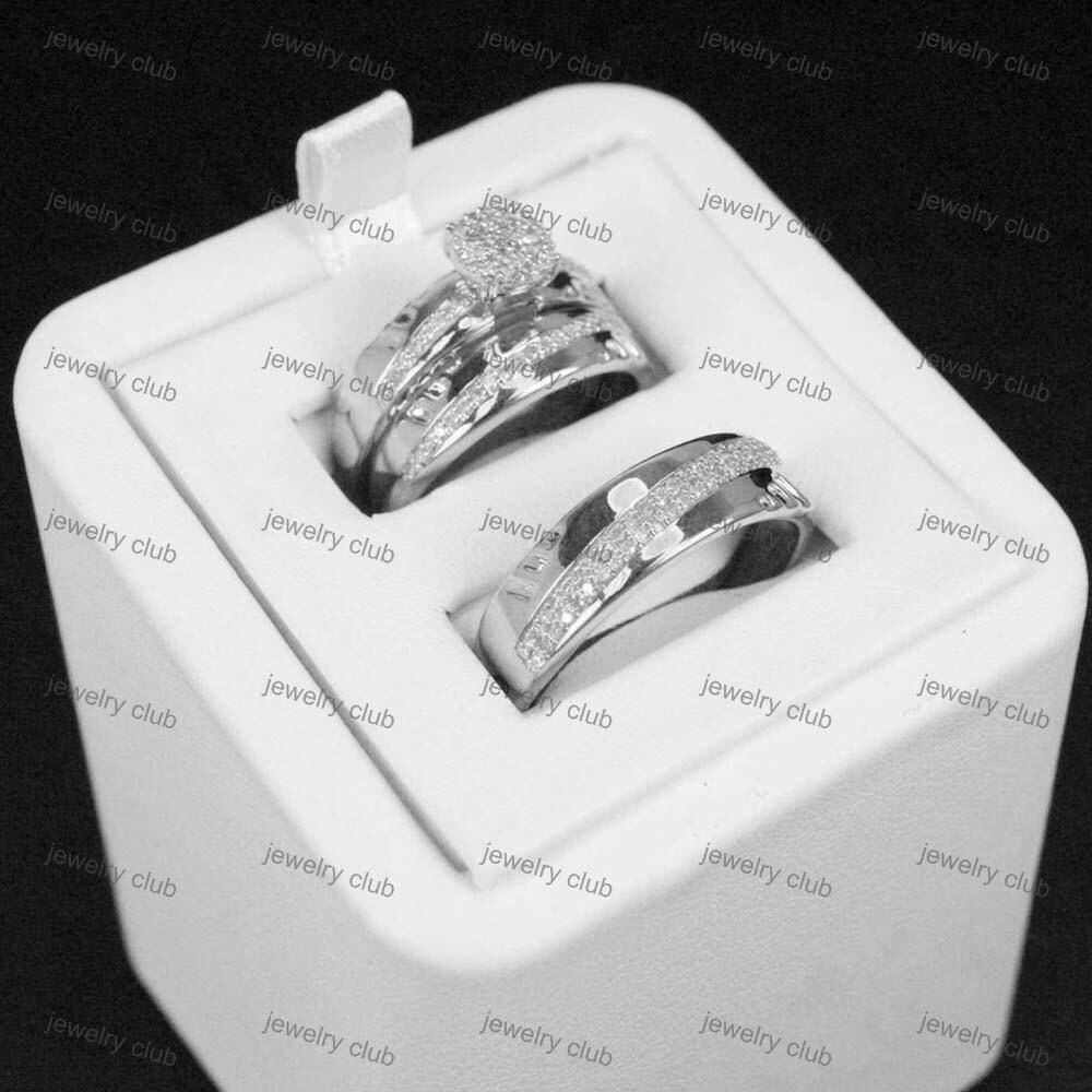 Trio Ring Set His And Hers Natural Moissanite Engagement Wedding Bridal Silver Trio Ring Set His And Hers Natural Moissanite Engagement Wedding Bridal Silver