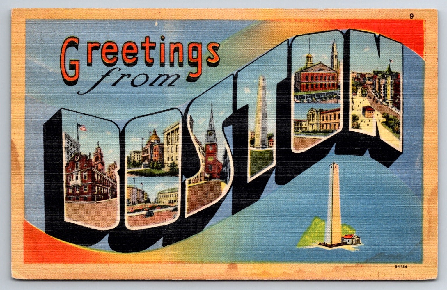 Large Letter Greetings from Boston Massachusetts - c1940s Linen Postcard