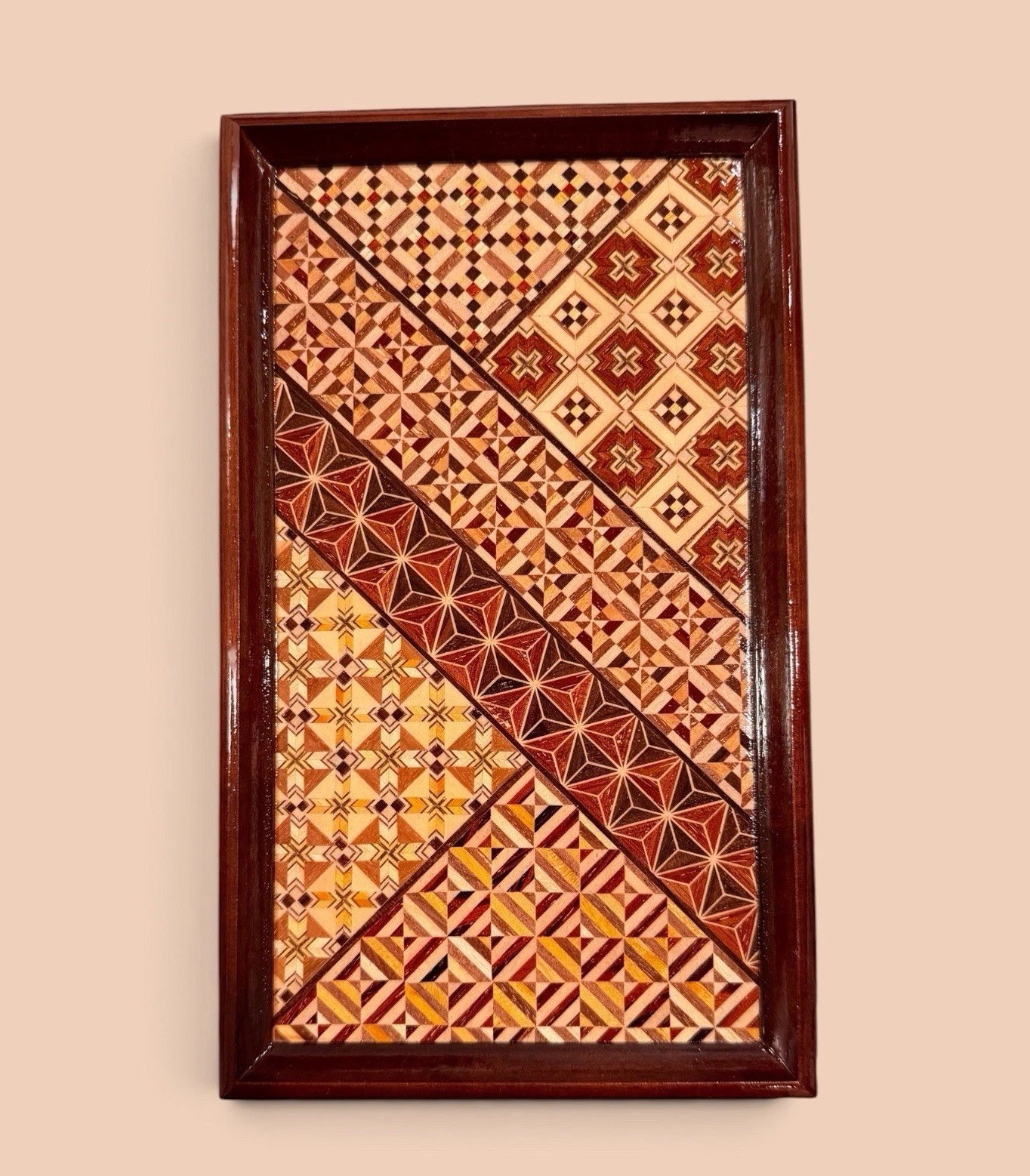 Vintage 70’s Japanese Hakone Yosegi Wood Mosaic Tray Mitsubishi Electric 9.5”