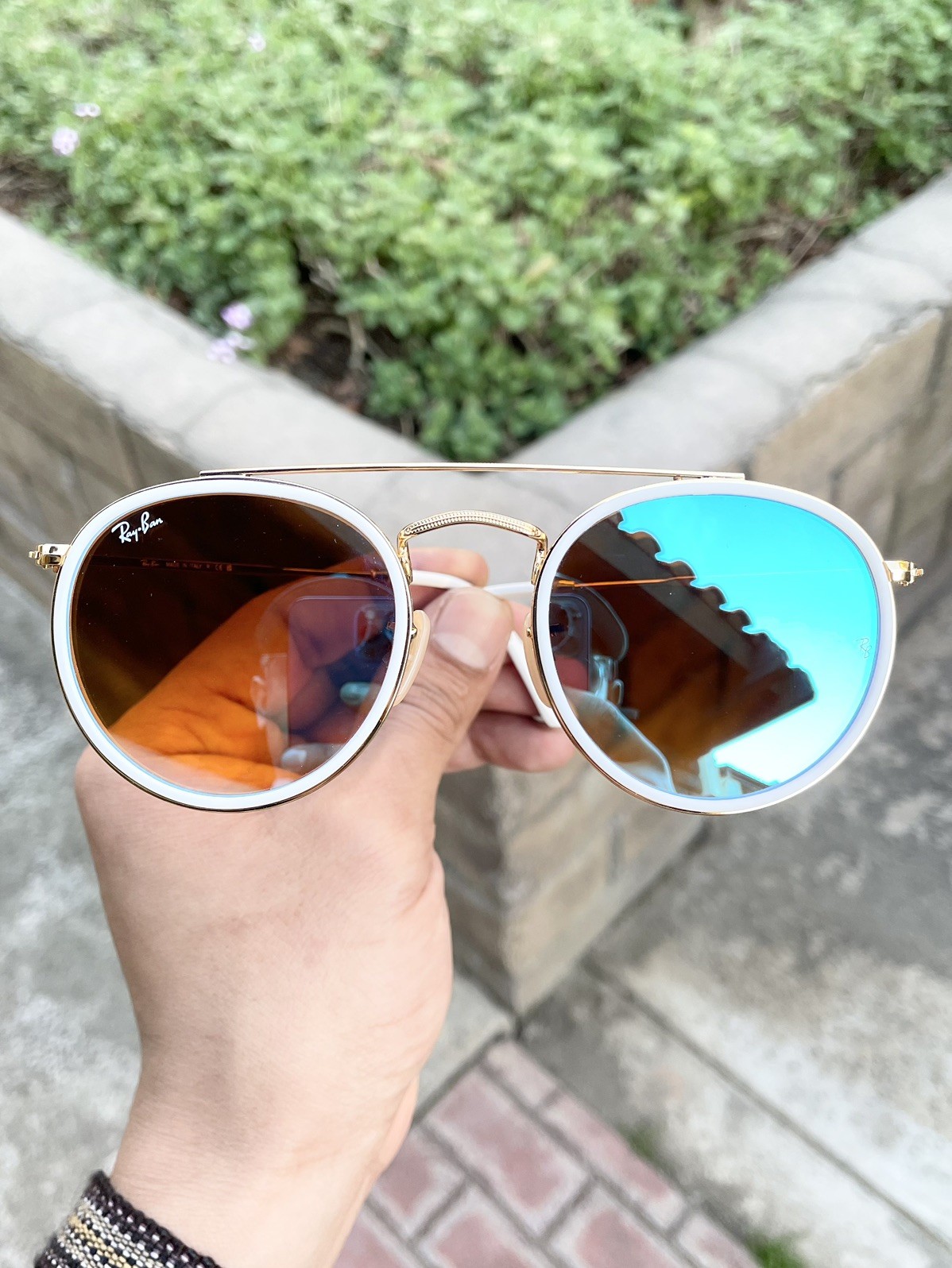 New Ray Ban Round Metal Double Bridge RB3647N 3647 White Blue Flash Lens 51/22 New Ray Ban Round Metal Double Bridge RB3647N 3647 White Blue Flash Lens 51/22