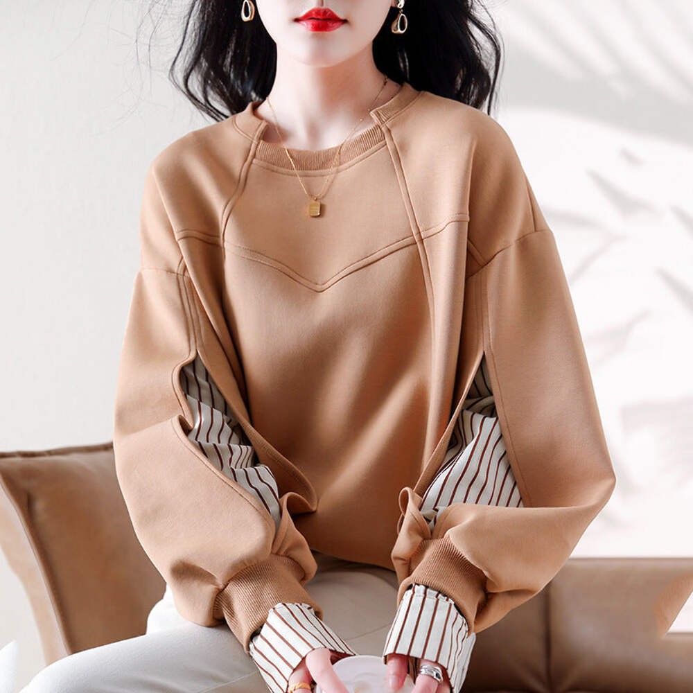 Real shot new ribbed neckline striped stitching top design sense irregular divid