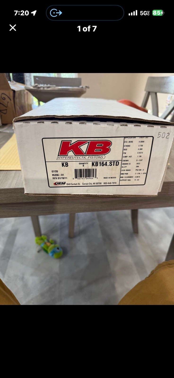 KB Pistons KB164.std 6” rod Set of 8 SBC 383 NOS BALANCED 