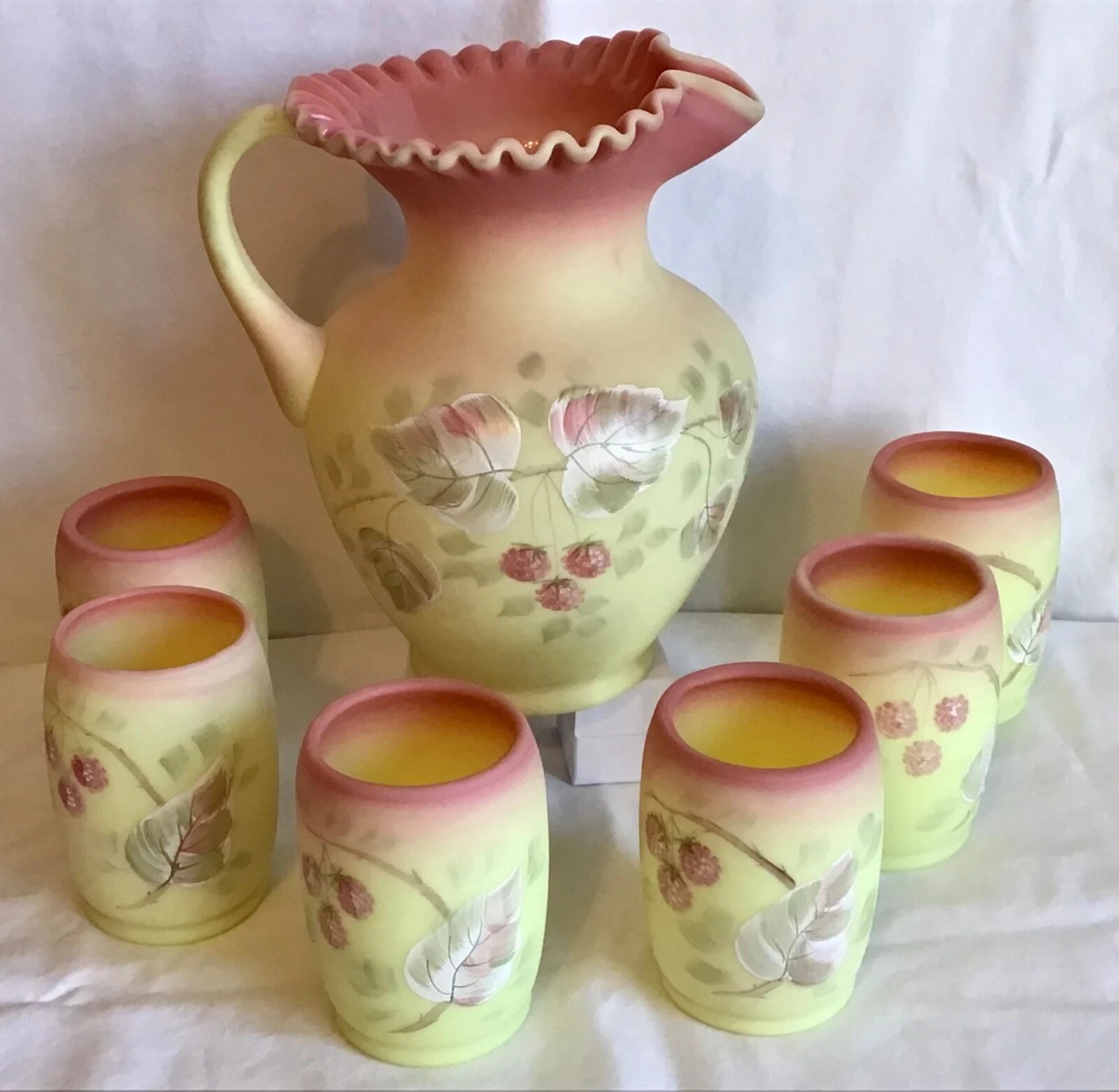 FENTON BURMESE RASPBERRIES & FLOWER PITCHER & 6 TUMBLERS 85TH ANNIVERSAY