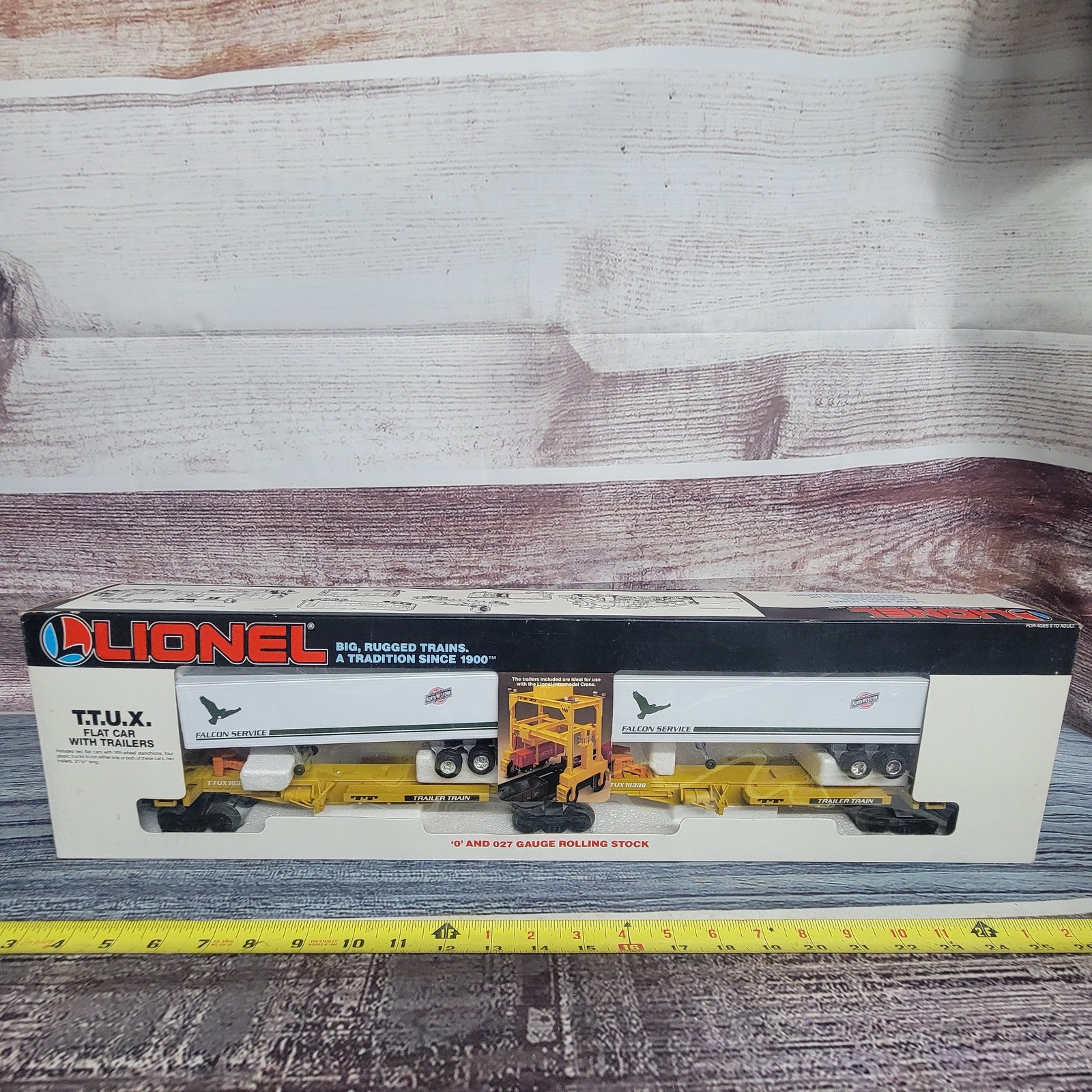  Vtg 1990 Lionel O-O27 gauge T.T.U.X flatcar and trailer 4pcs total white/yellow