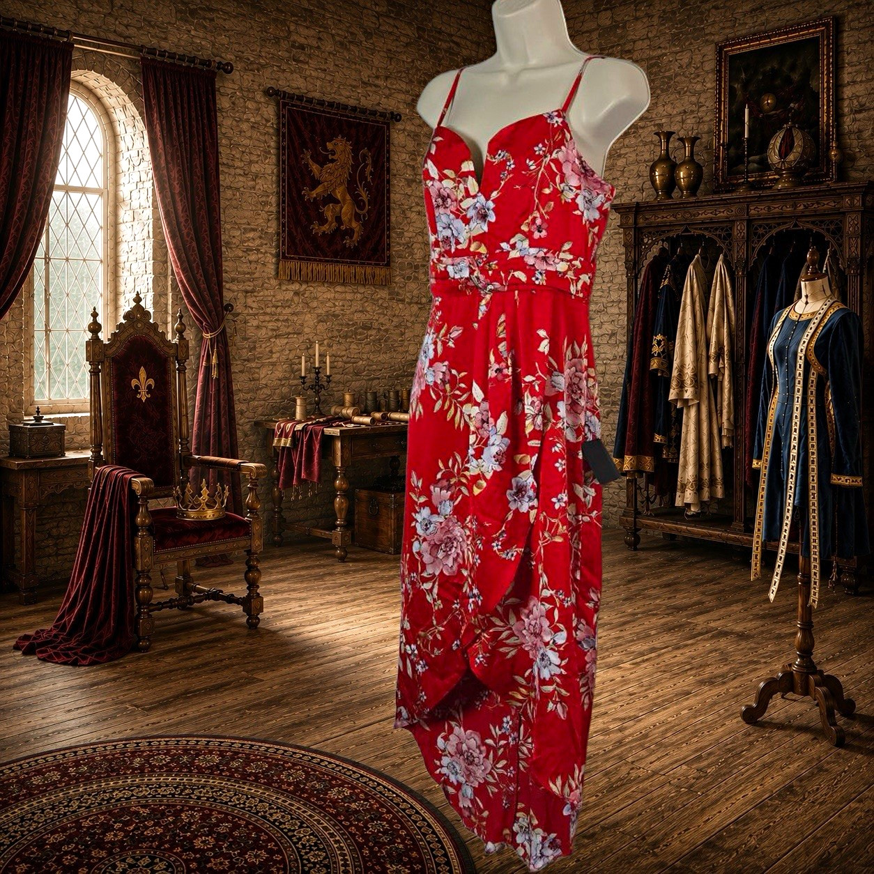 Lulus Women’s S Red Floral High Low Maxi Dress Wrap Spaghetti Strap NWT